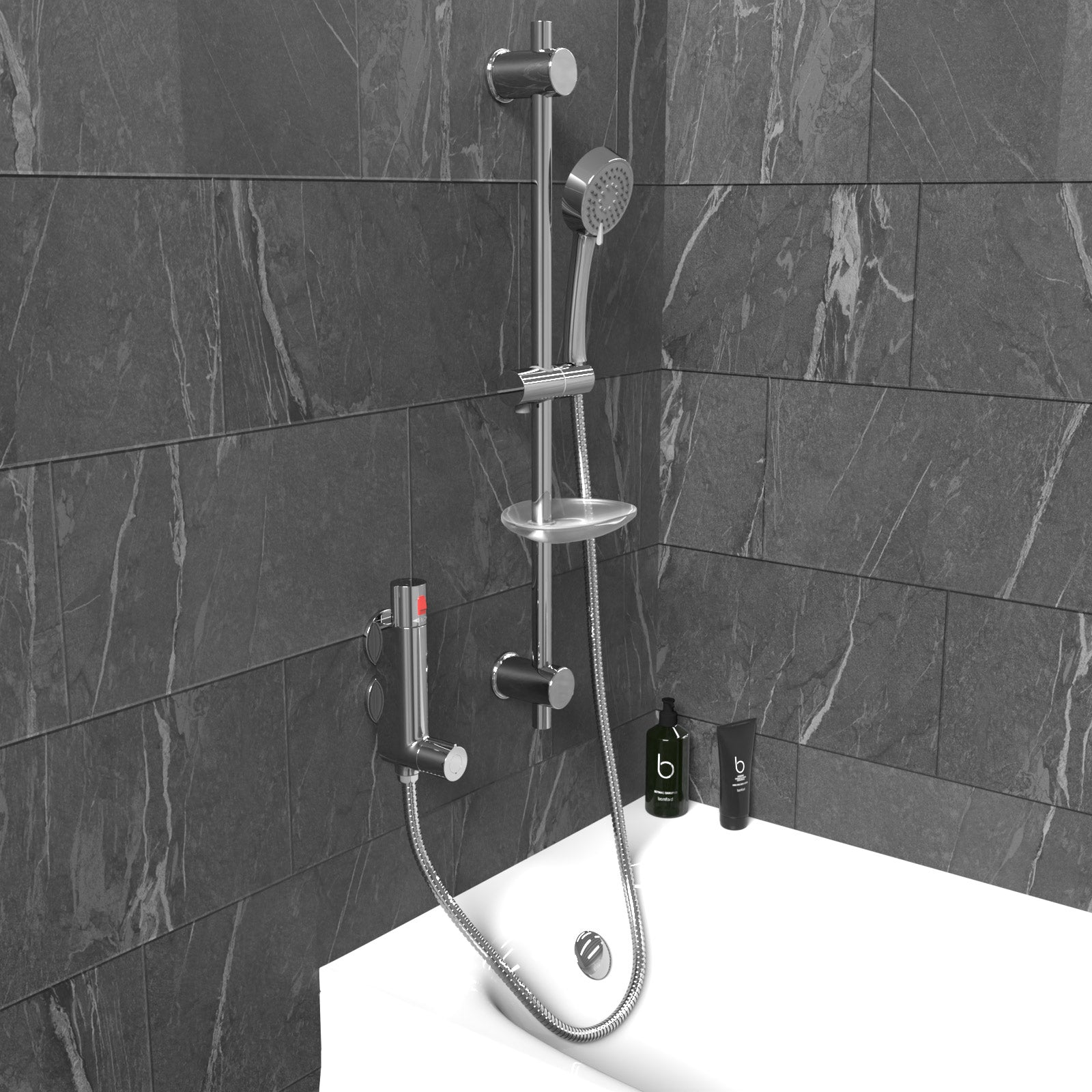 Vertical Thermostatic Shower Mixer Valve & Slider Rail, Handset & Hose Set