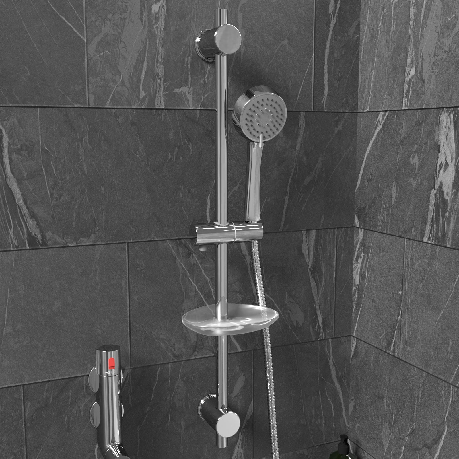 Vertical Thermostatic Shower Mixer Valve & Slider Rail, Handset & Hose Set