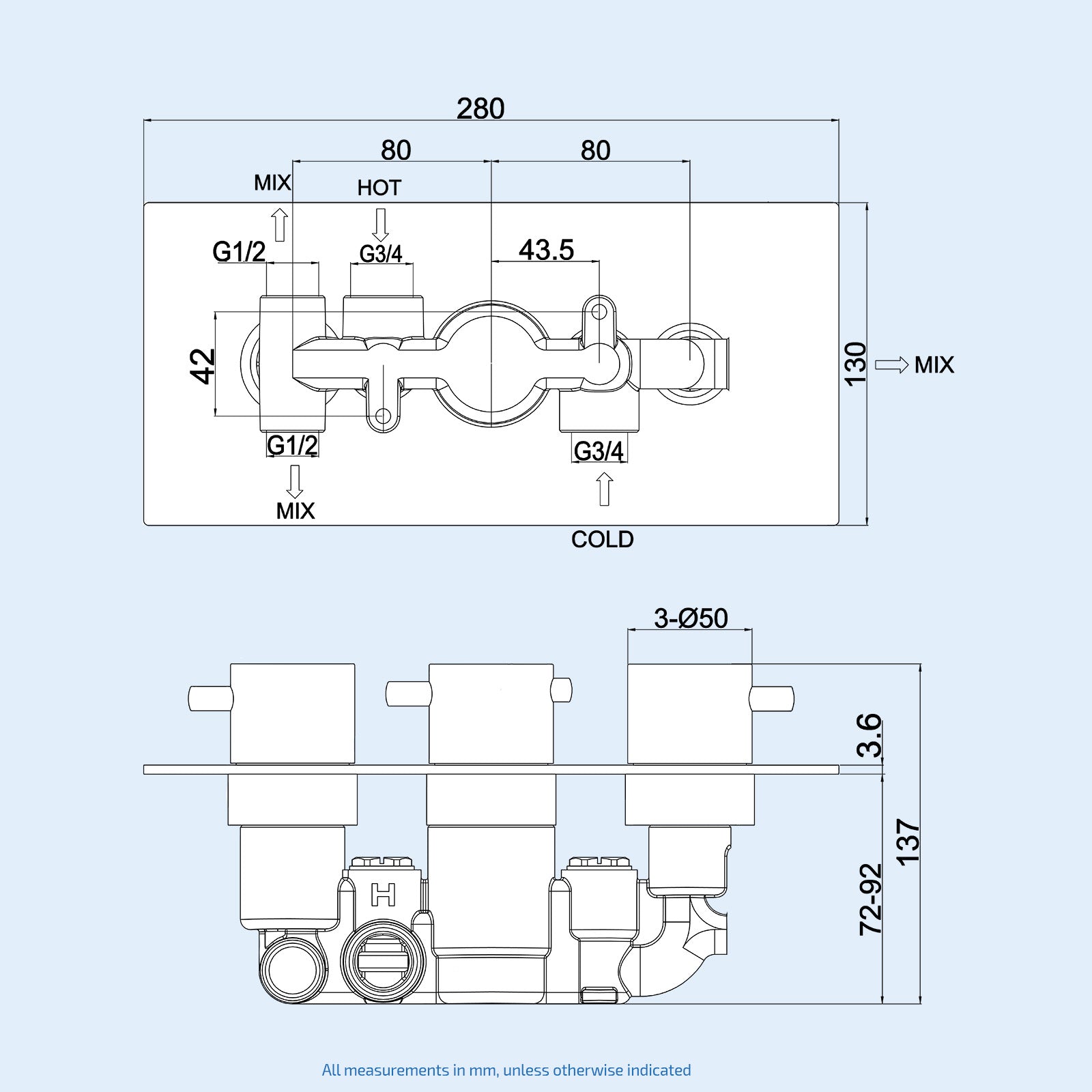 Traditional 3 Dial 2 Way Concealed Thermostatic Shower Valve Brass Chrome