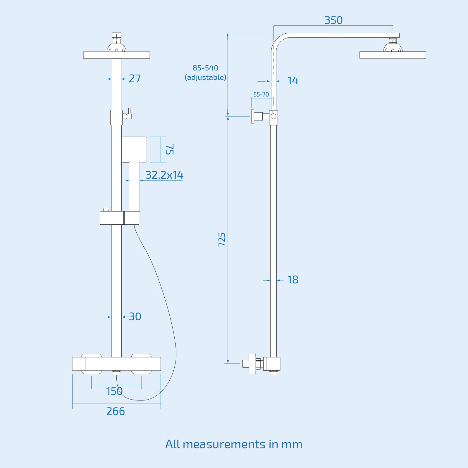 Amana Premium Square Chrome Dual Control Thermostatic Shower Rail kit