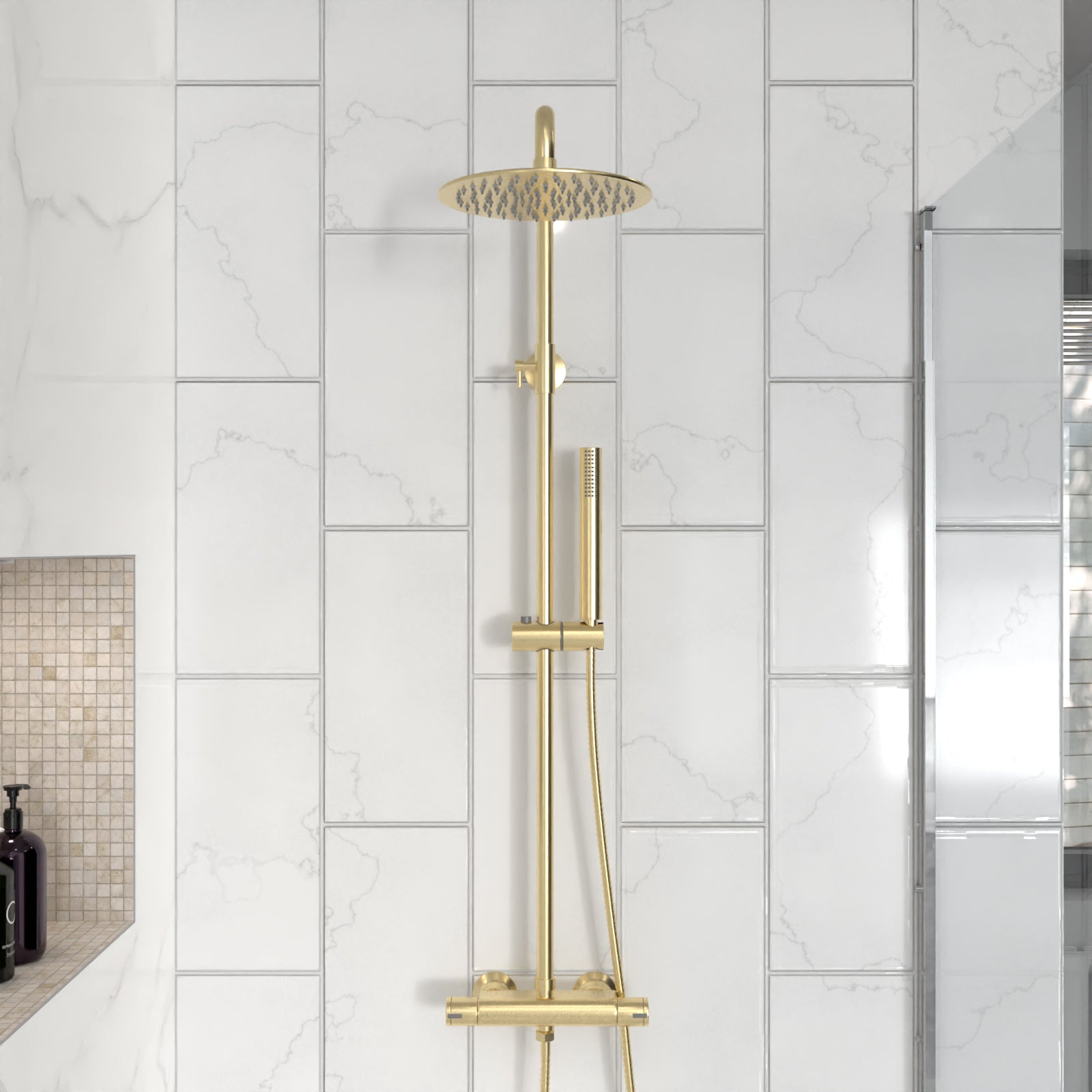 Modern Brushed Brass Cool Touch Thermostatic Riser Rail Shower Set