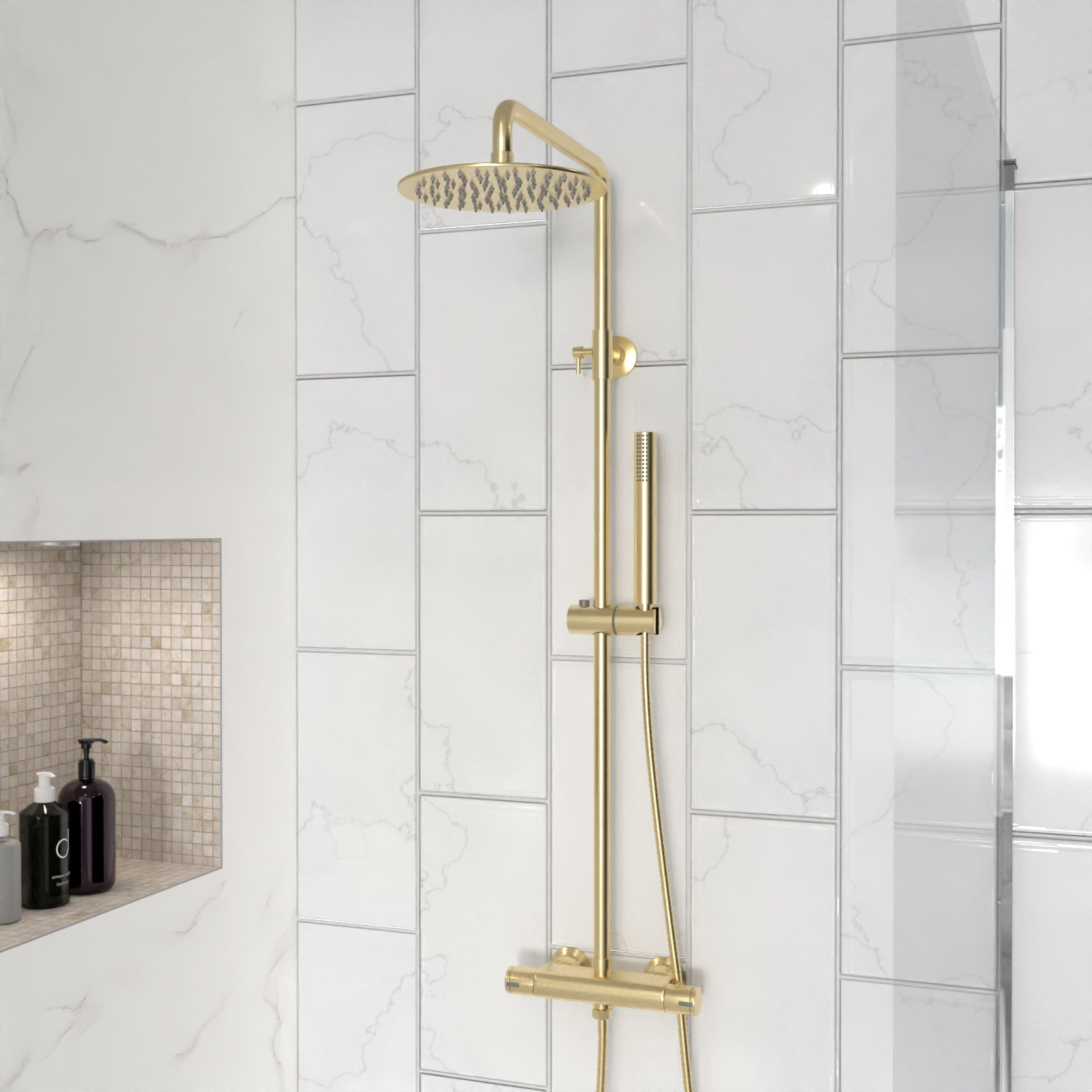 Modern Brushed Brass Cool Touch Thermostatic Riser Rail Shower Set