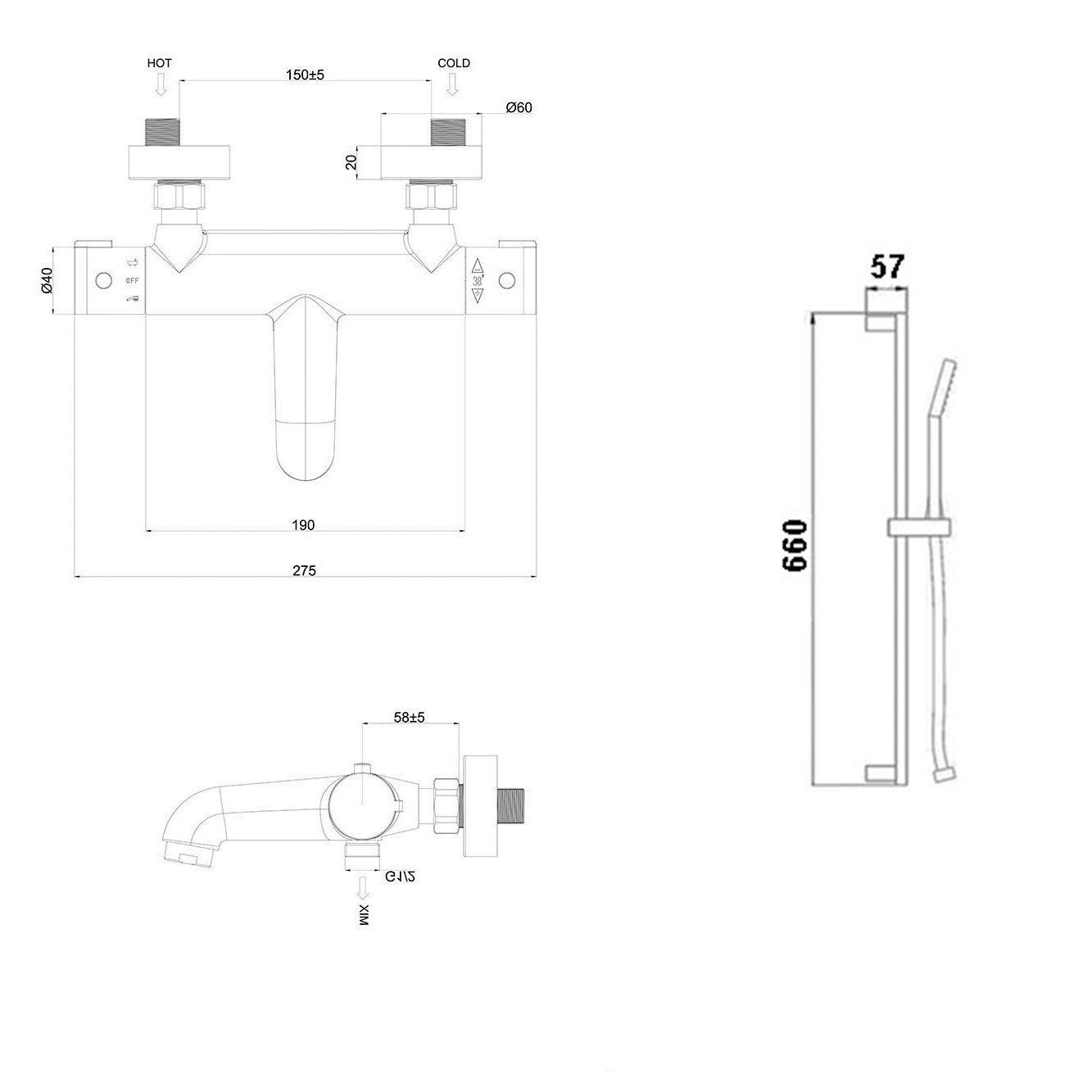 Thermostatic Wall Mounted Valve Bath Shower Mixer Riser Kit / 3 Mode Handset