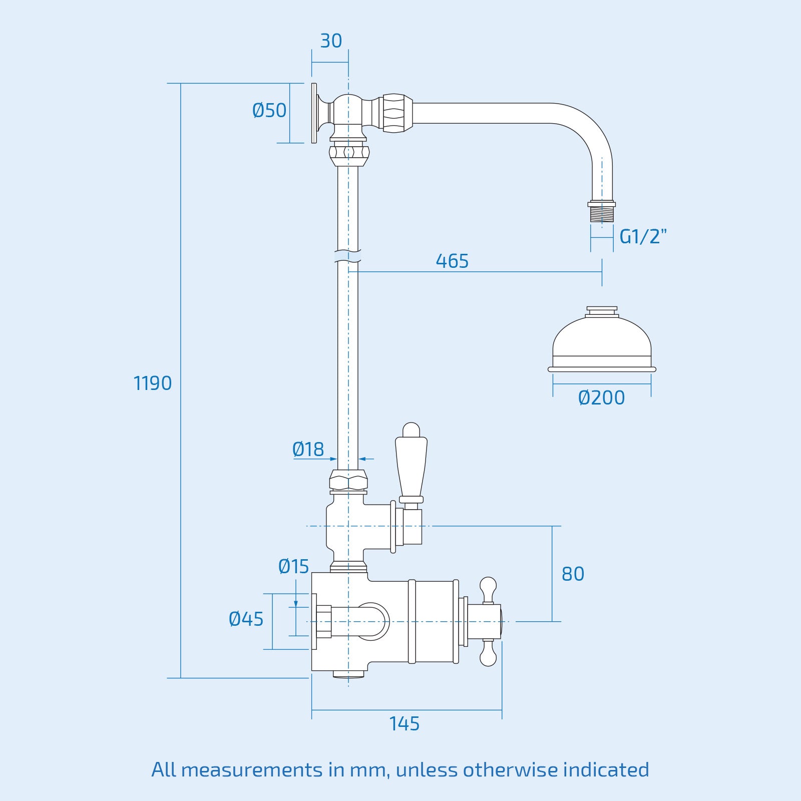 Tenix One Way 8" Traditional Thermostatic Shower Valve With Brass Slider Rail