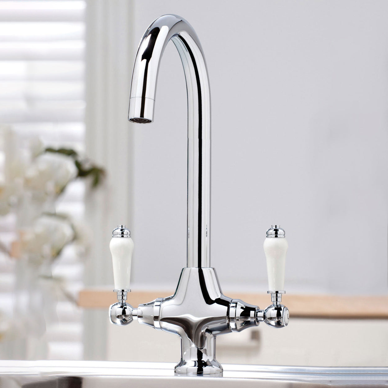 Traditional Chrome Twin Lever Kitchen Mixer Tap With Swivel Spout