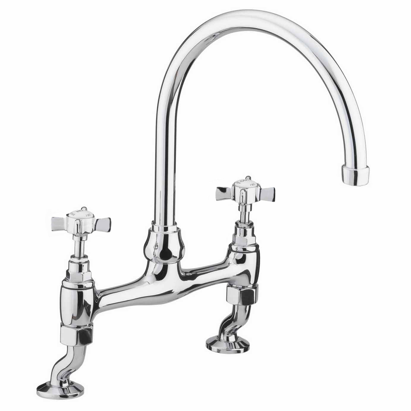 Traditional Victorian Design Bridge Deck Mounted Chrome Cross Head Kitchen Sink Mixer Tap