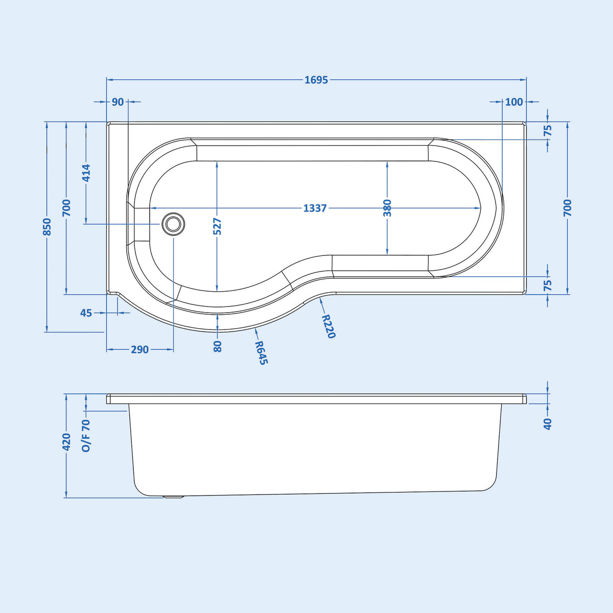 P-Shaped Left Hand Bath Set, Screen, Rimless Toilet, 550mm Freestanding Vanity, Taps & Shower