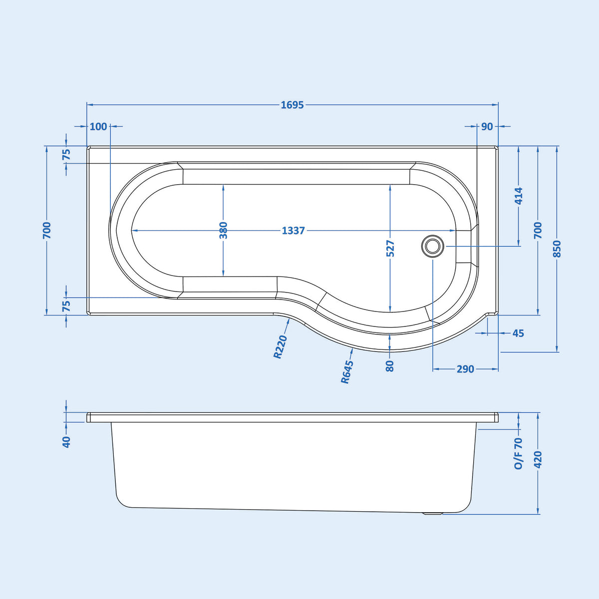 P-Shaped Right Hand Bath Set, Screen, Rimless Toilet, 550mm Freestanding Vanity, Taps & Shower