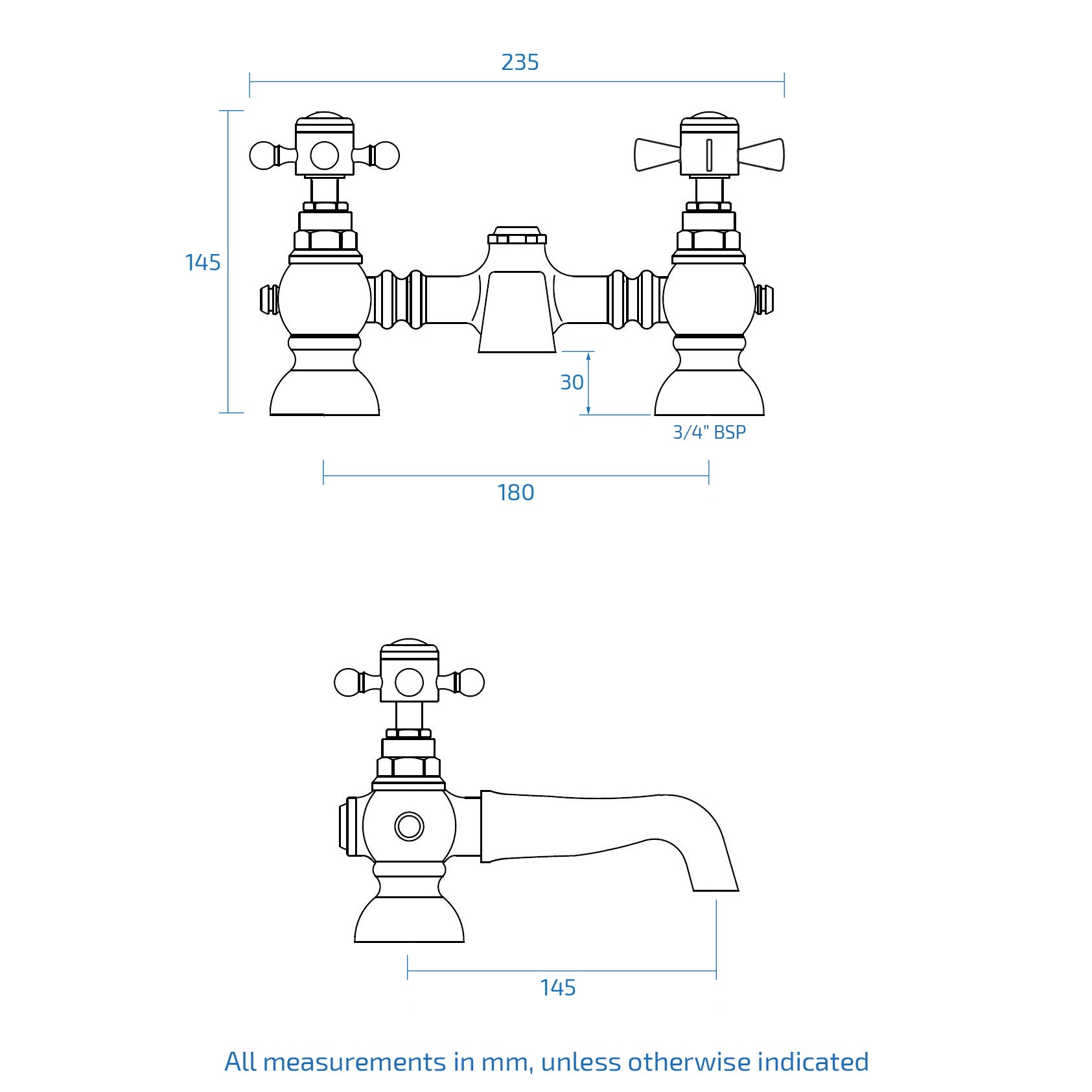 Nes Home Phillip Bathroom Traditional Chrome Solid Brass Bath Filler Cross Mixer Tap
