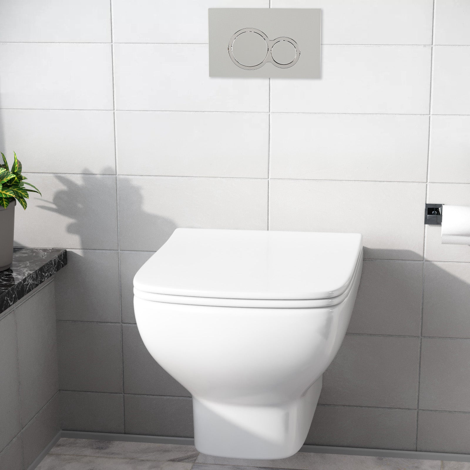 White Square Wall Hung Toilet With Frame & Round Button Flush Plate