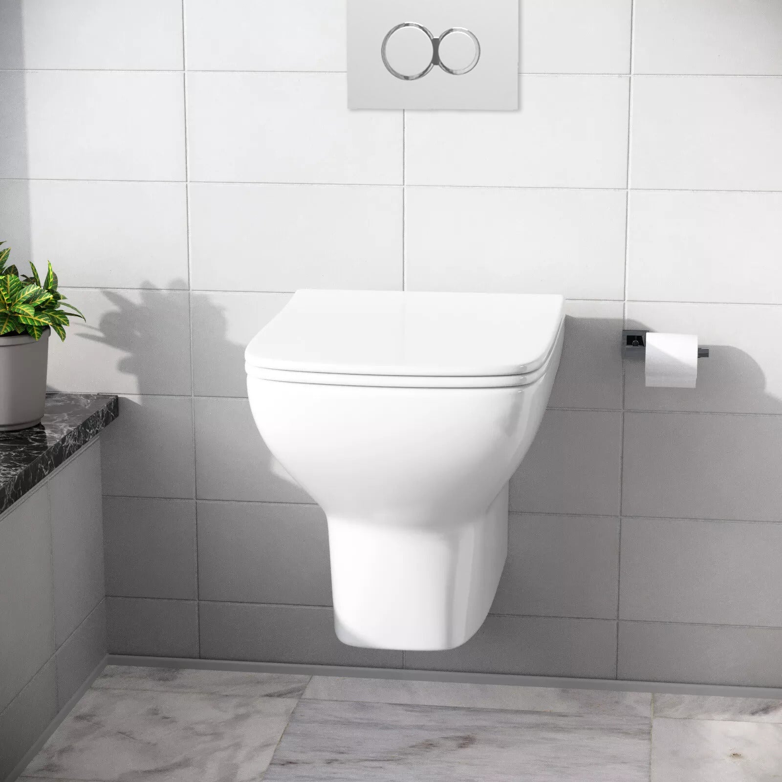 White Square Wall Hung Toilet With Frame & Round Button Flush Plate