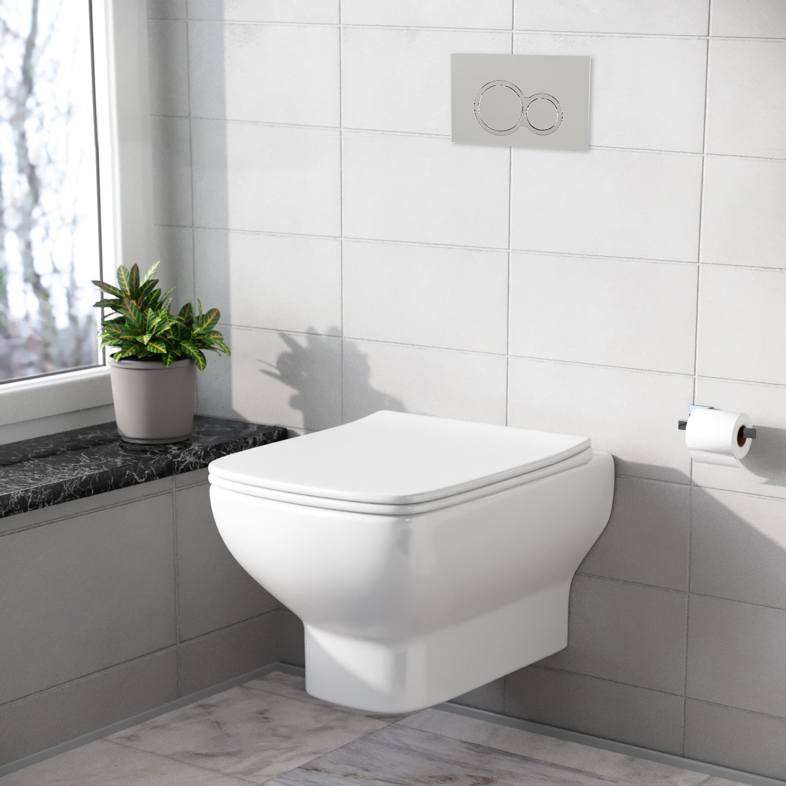 Warley Square White Wall Hung Toilet With Frame & Round Button Flush Plate