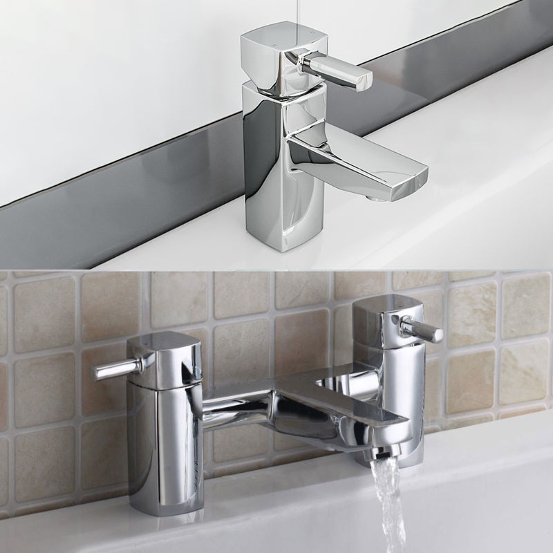 Boston Modern Design Square Basin Sink Mono Mixer Tap & Deck Mounted Bath Filler