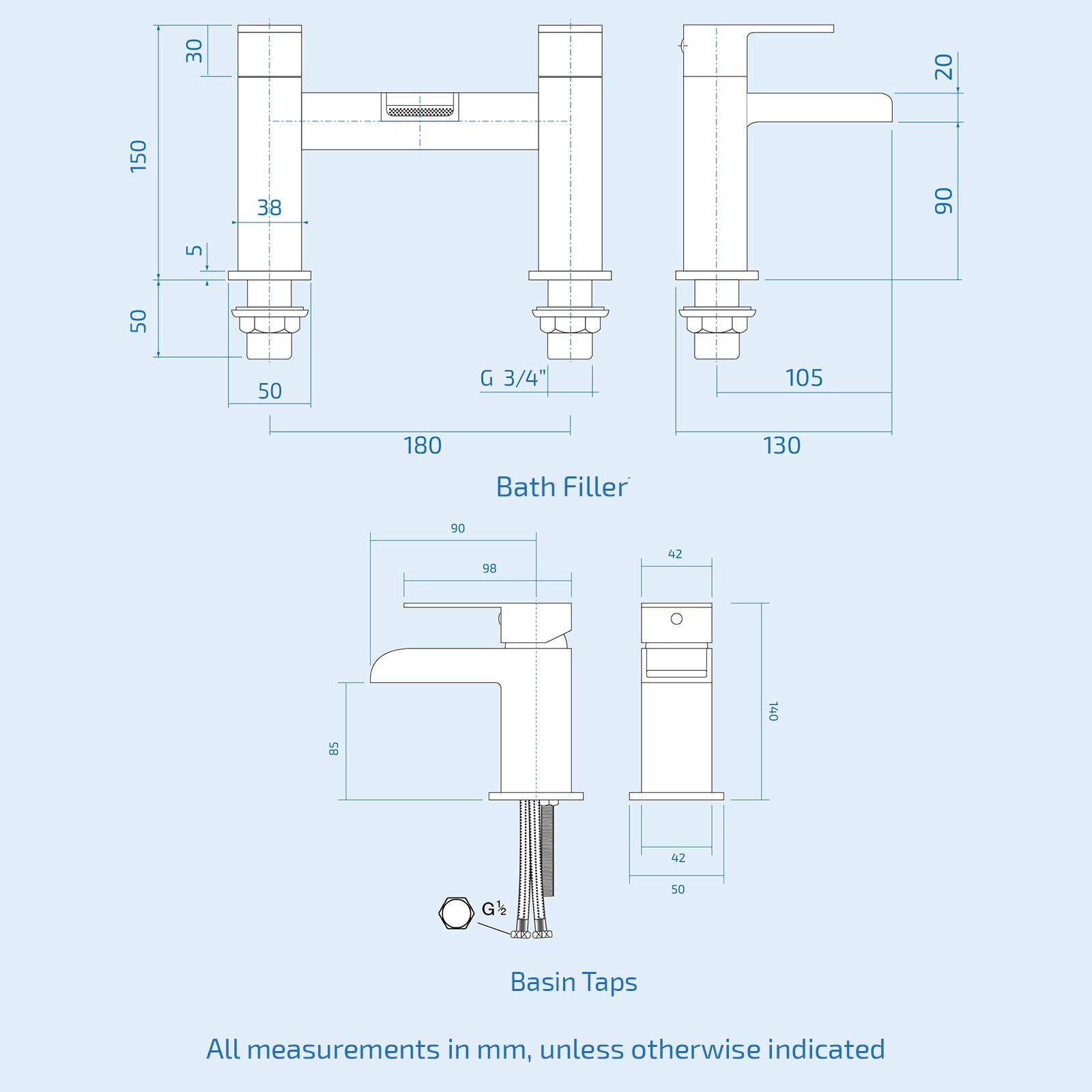 White 450mm Square Modern Pedestal Basin Toilet Shower Bath Taps Set