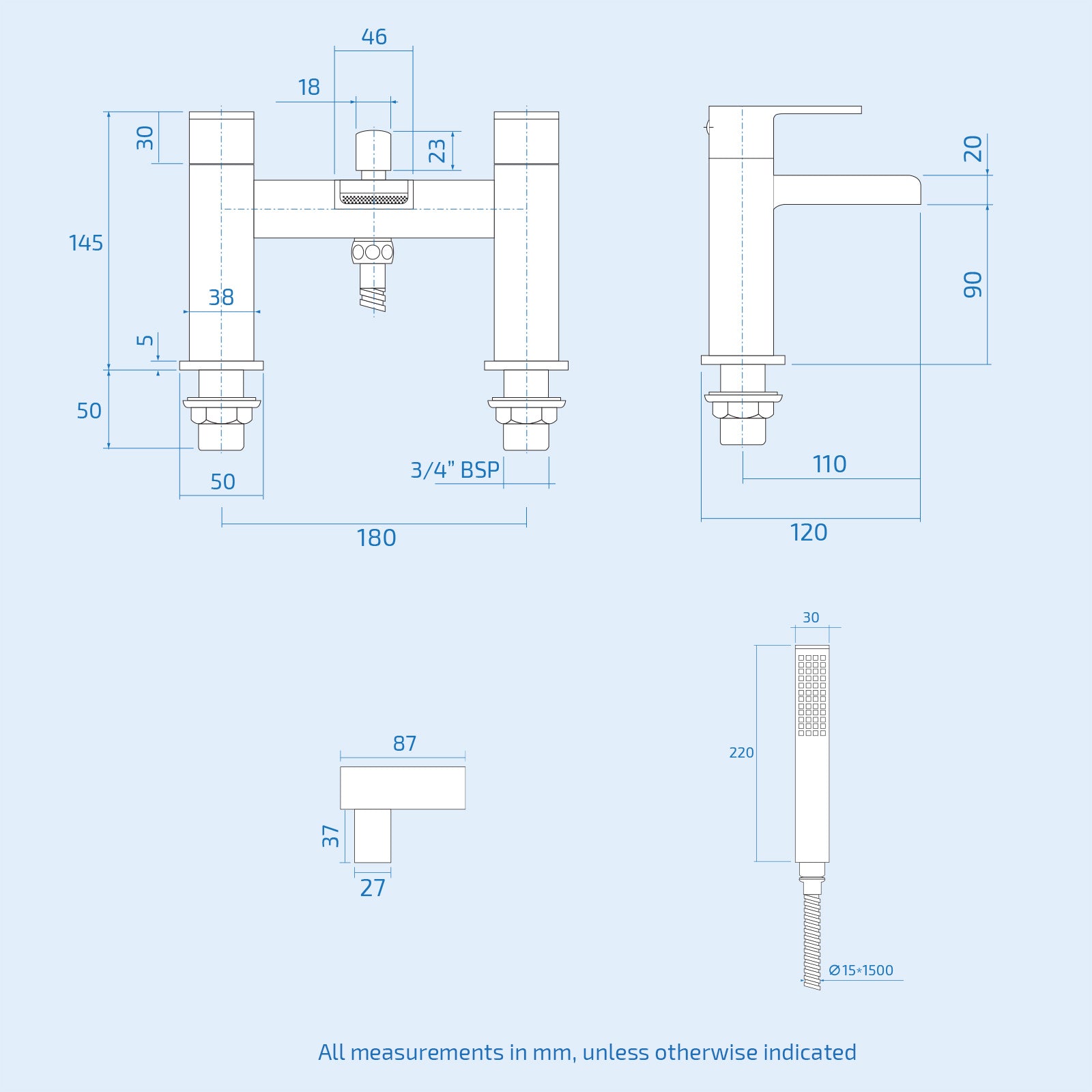 Ashton Square Shower & Ozone Waterfall Mixer Tap, Handset & Riser Rail Kit Matte Black