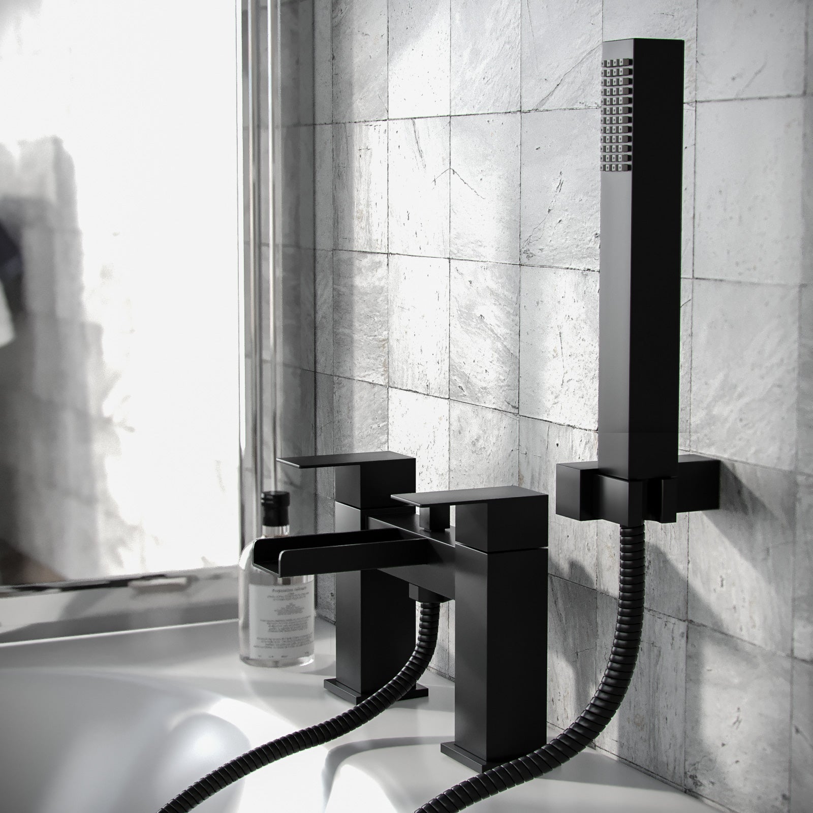 Ozone Contemporary Matte Black Waterfall Bath Shower Mixer Tap With Handset Kit