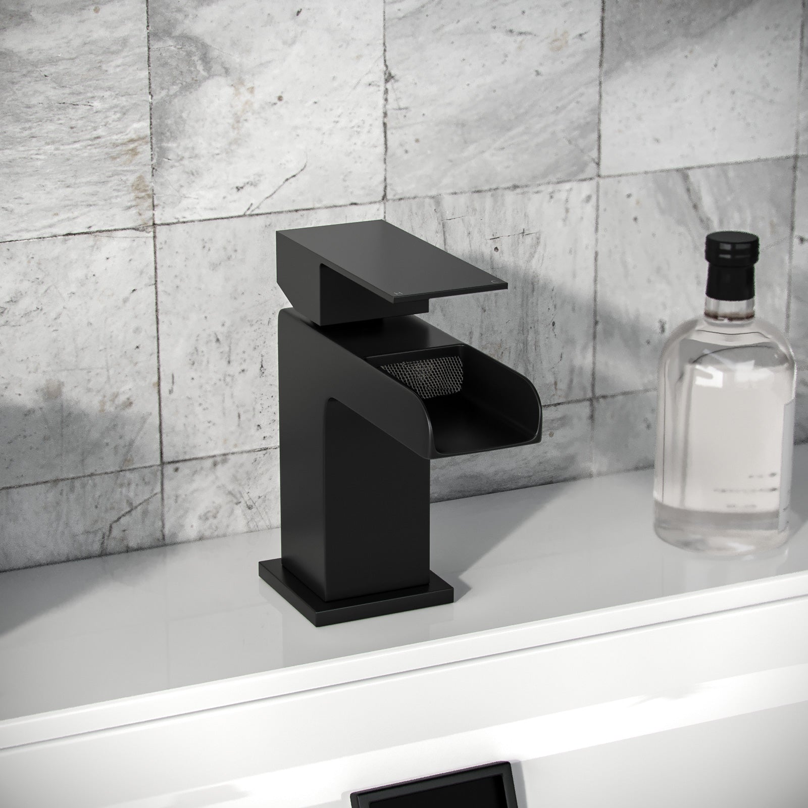 Ozone Modern Waterfall Matte Black Bathroom Basin Mono Mixer Tap & Waste