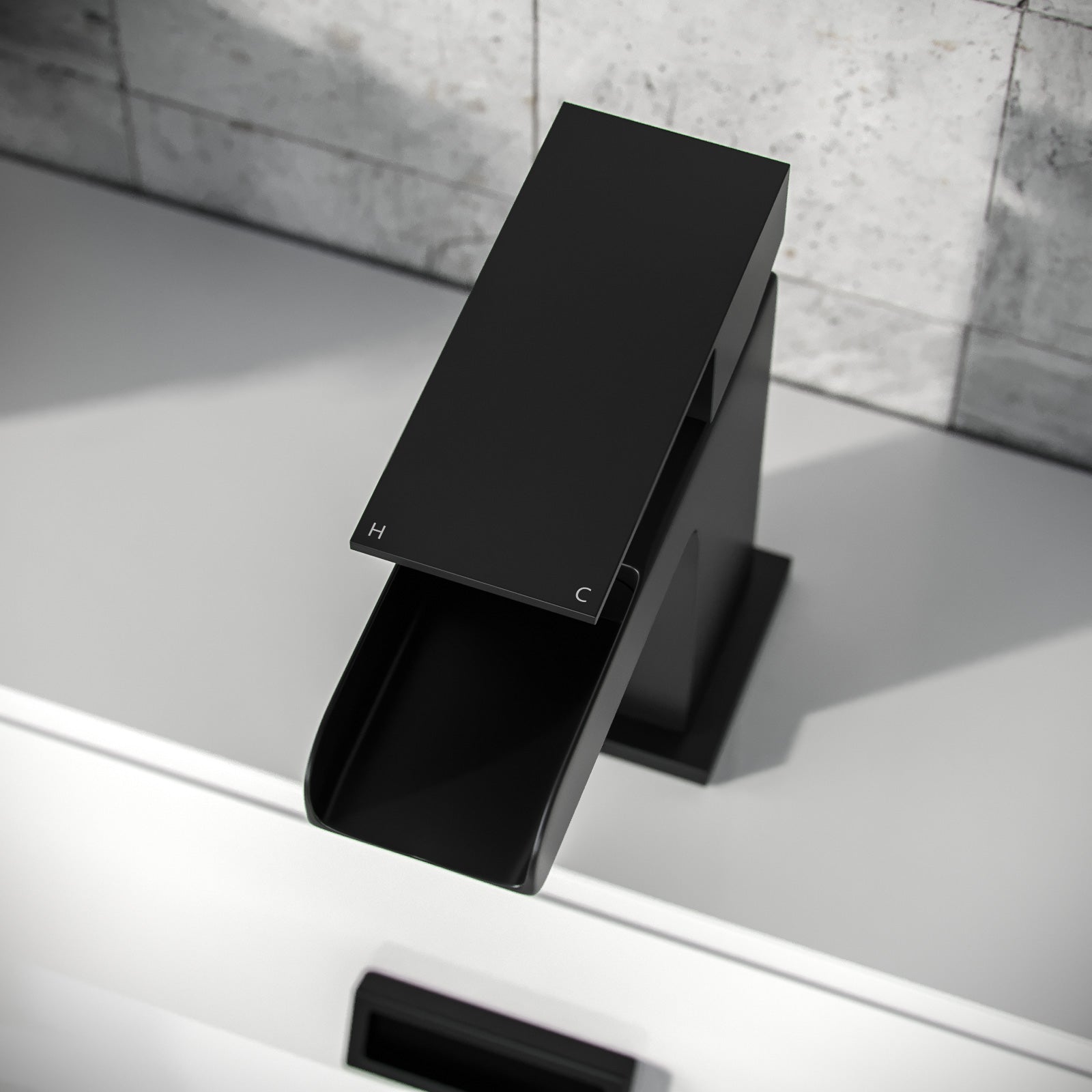 Ozone Modern Waterfall Matte Black Bathroom Basin Mono Mixer Tap & Waste