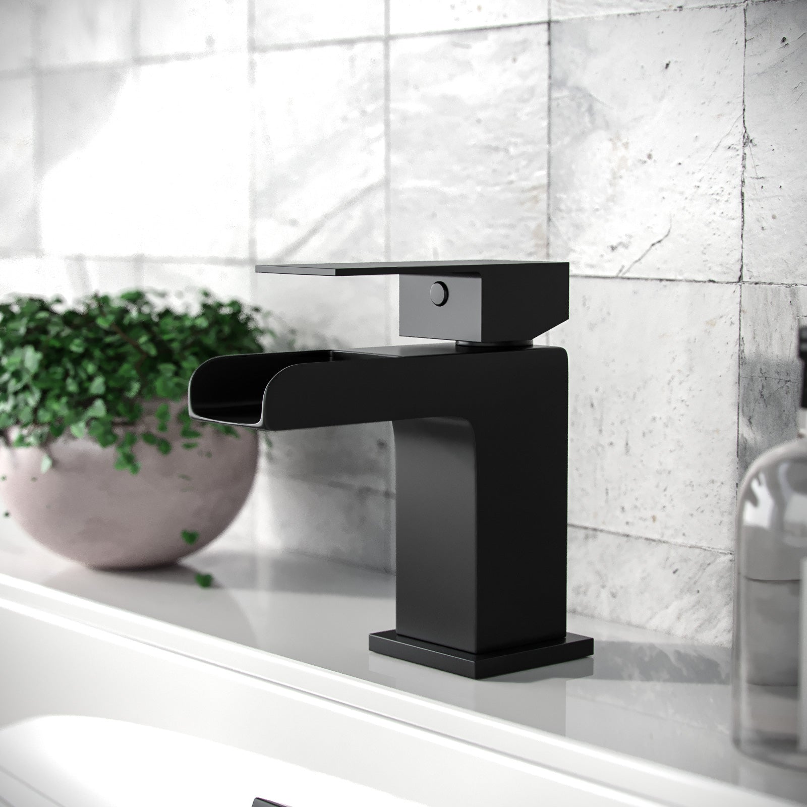 Ozone Modern Waterfall Matte Black Bathroom Basin Mono Mixer Tap & Waste