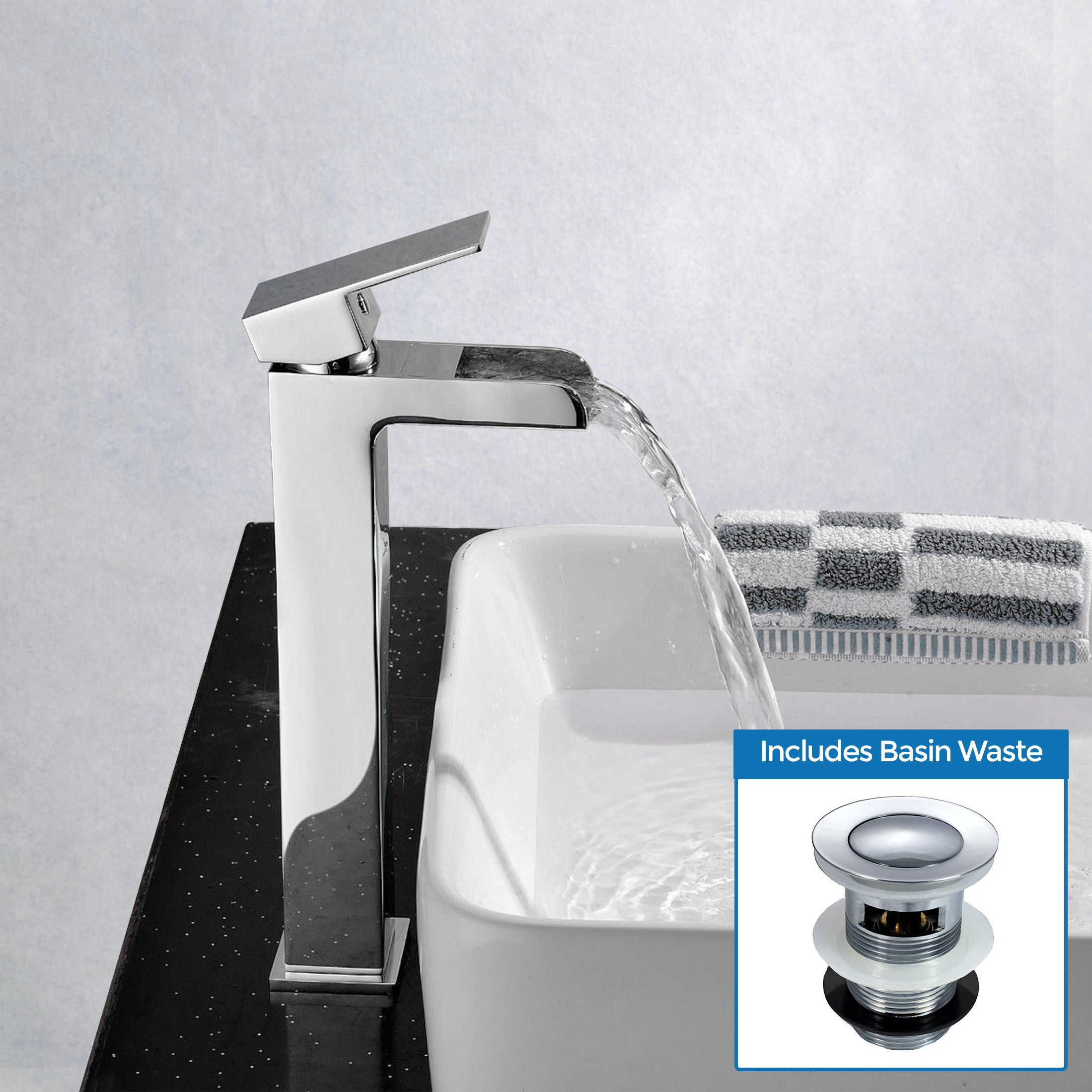 Ozone Square Waterfall Bathroom Basin Sink Mono Mixer Chrome Tap