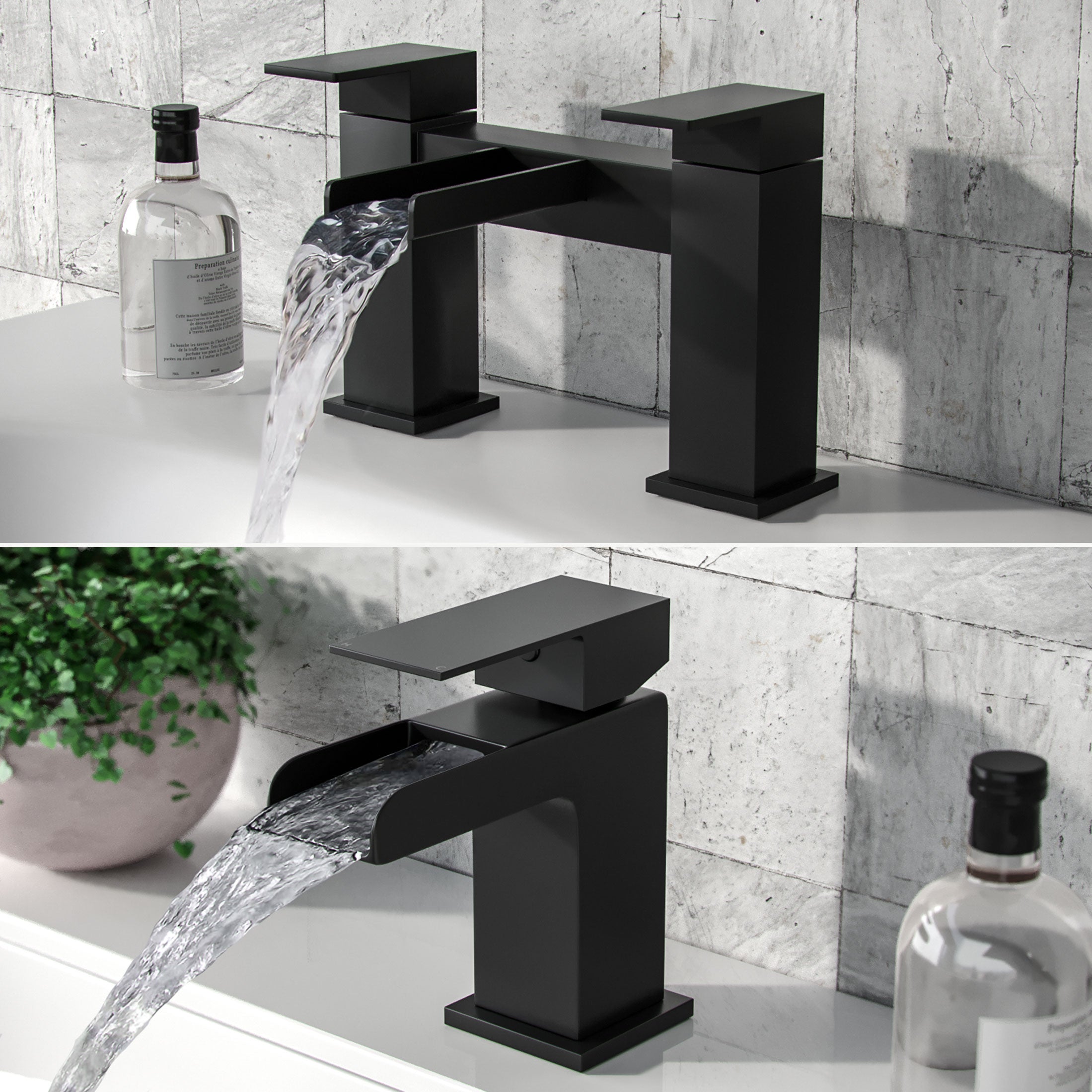 Ozone Contemporary Set Of Waterfall Basin Mono Mixer Tap And Bath Filler Tap & Waste In Matte Black