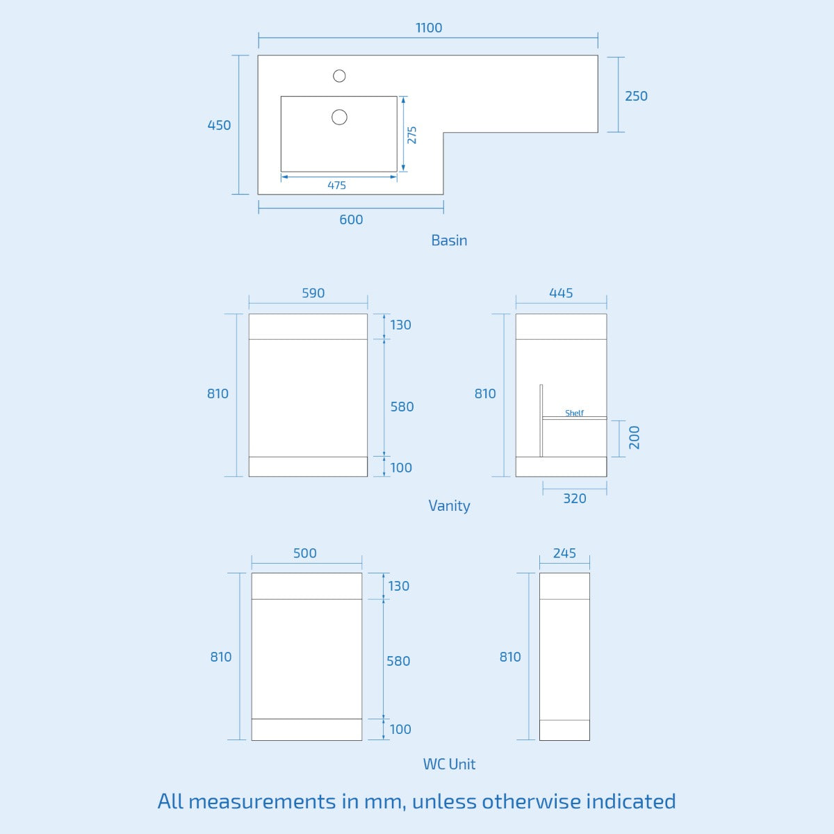 Aric 1100mm Vanity Basin Unit, WC Unit & Louis Back To Wall Toilet Grey