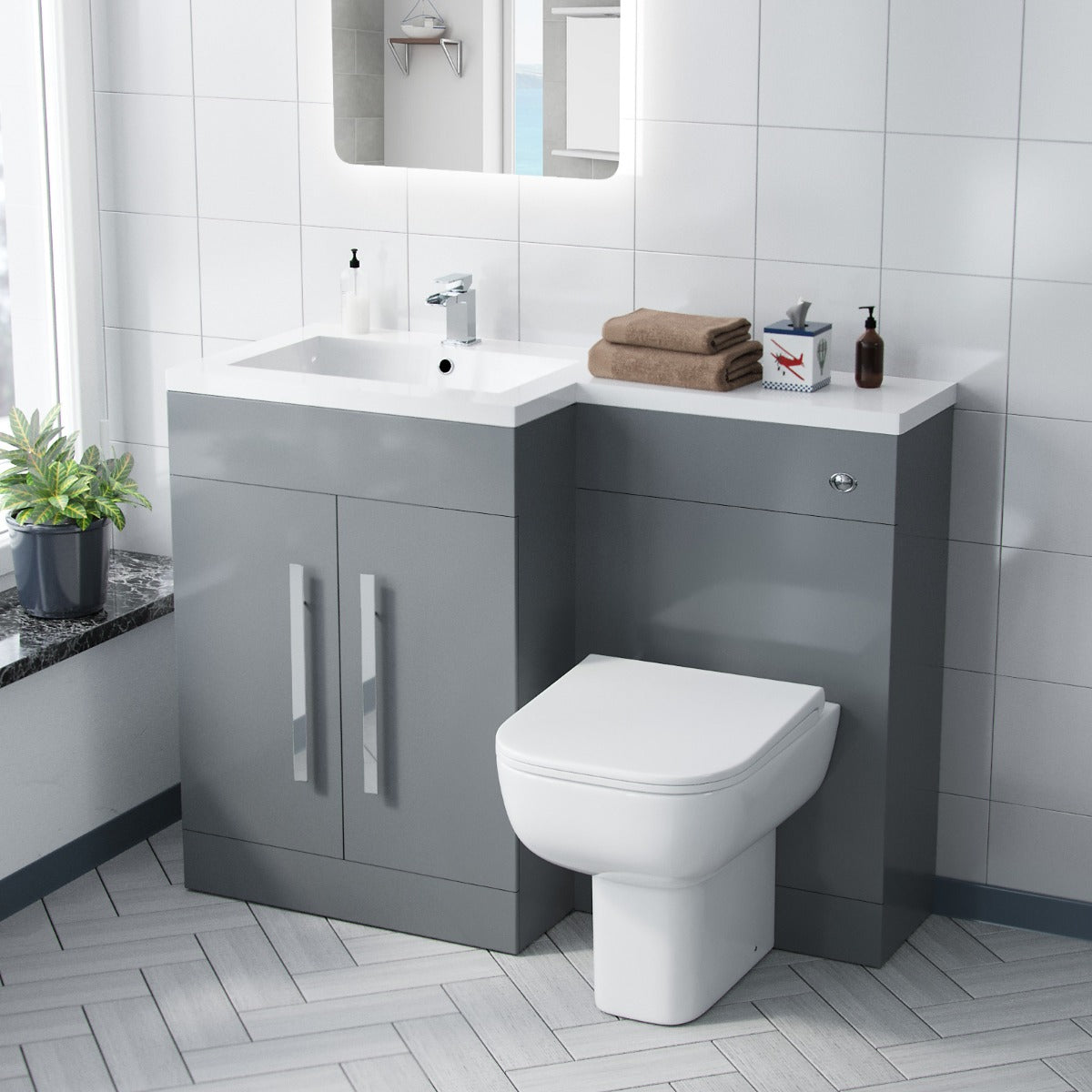 Aric Grey LH Vanity Cabinet Basin Sink 1100mm & BTW WC Toilet Flat Pack