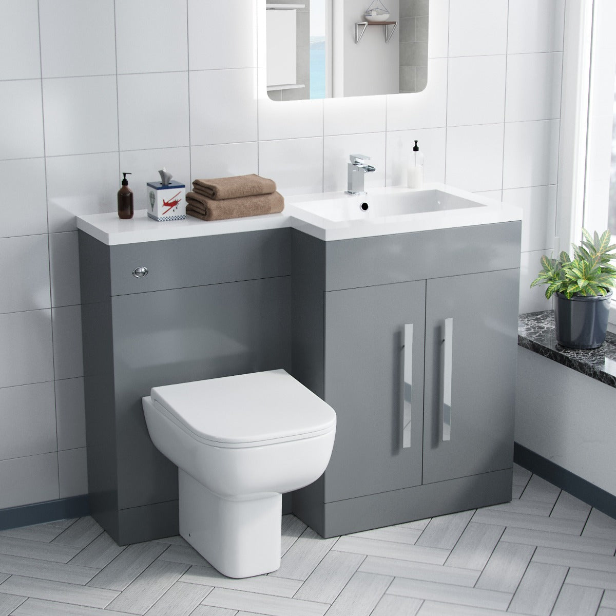 Aric Grey RH Vanity Cabinet Basin Sink 1100mm & BTW WC Toilet Flat Pack