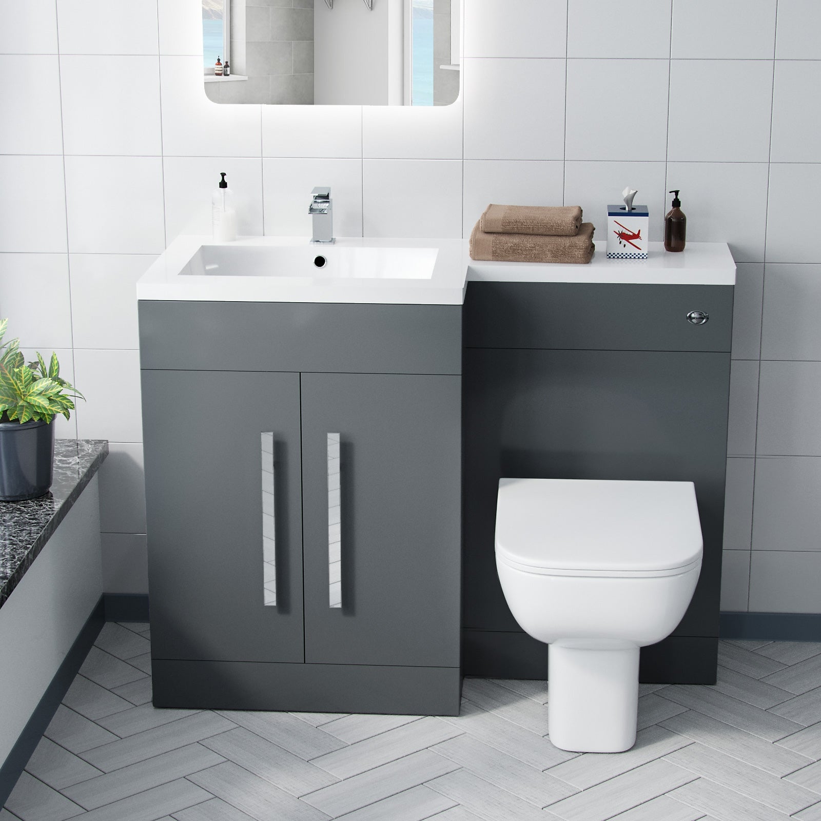 Aric Dark Grey LH Vanity Cabinet Basin Sink 1100mm and BTW WC Toilet