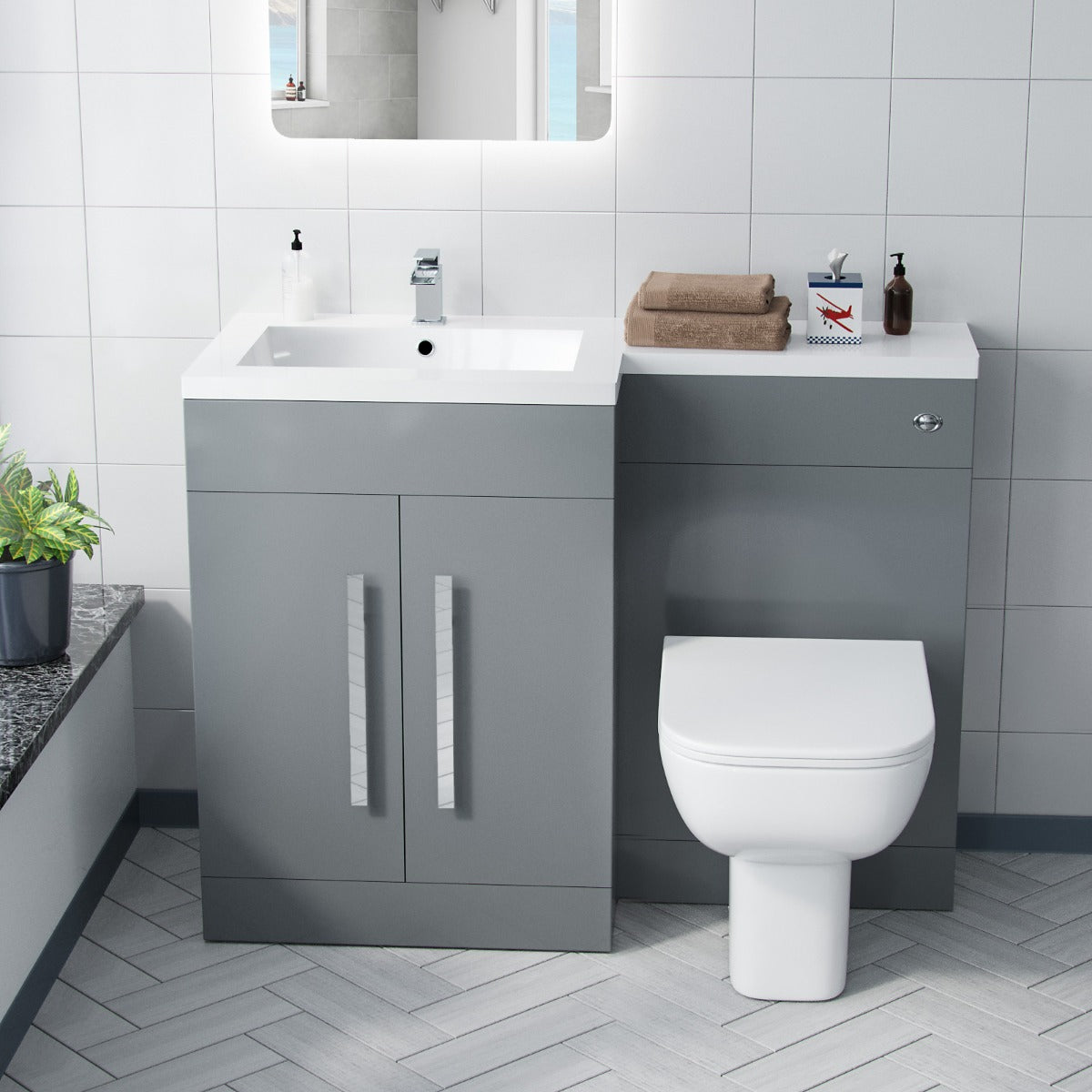 Aric Grey LH Vanity Cabinet Basin Sink 1100mm & BTW WC Toilet Flat Pack