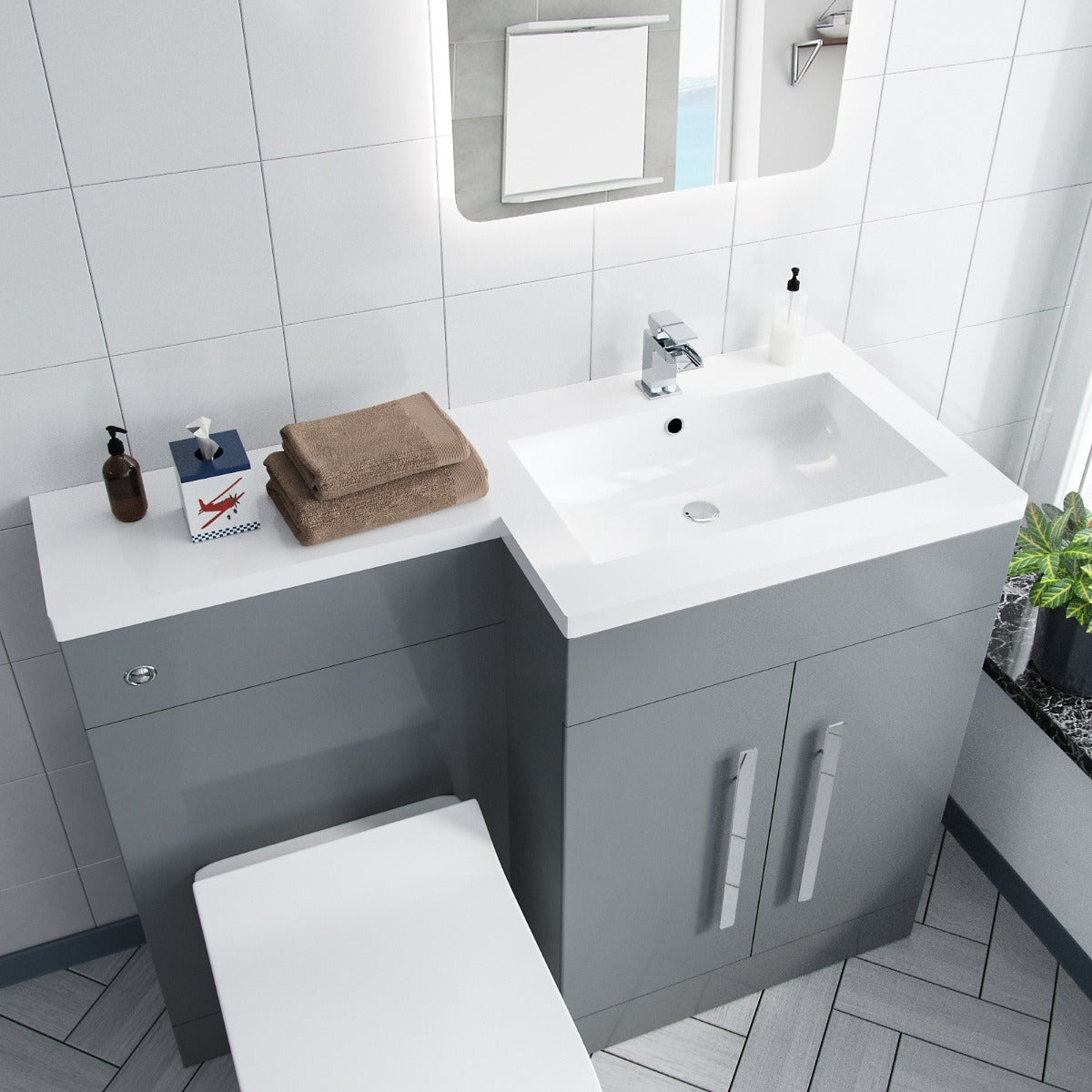 Aric Grey 1100mm RH Basin Sink Vanity Cabinet with BTW Toilet Flat Pack
