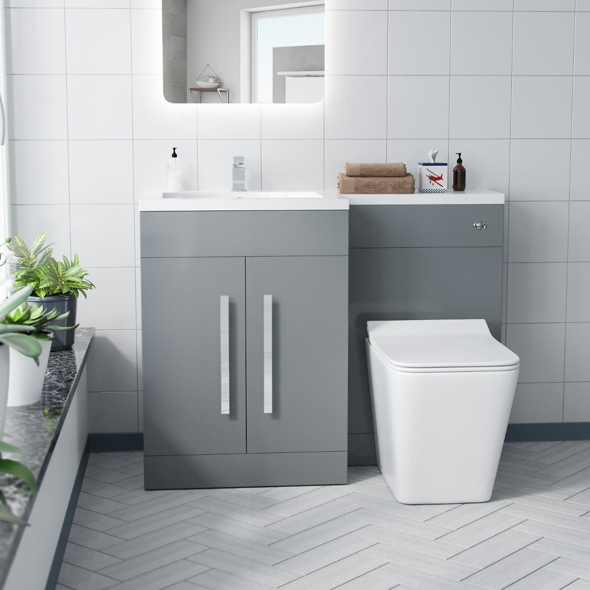 Aric Grey 1100mm LH Basin Sink Vanity Cabinet with BTW Toilet Flat Pack