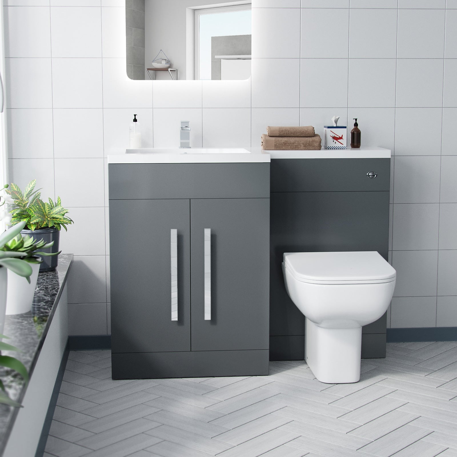 Aric Dark Grey LH Vanity Cabinet Basin Sink 1100mm and BTW WC Toilet