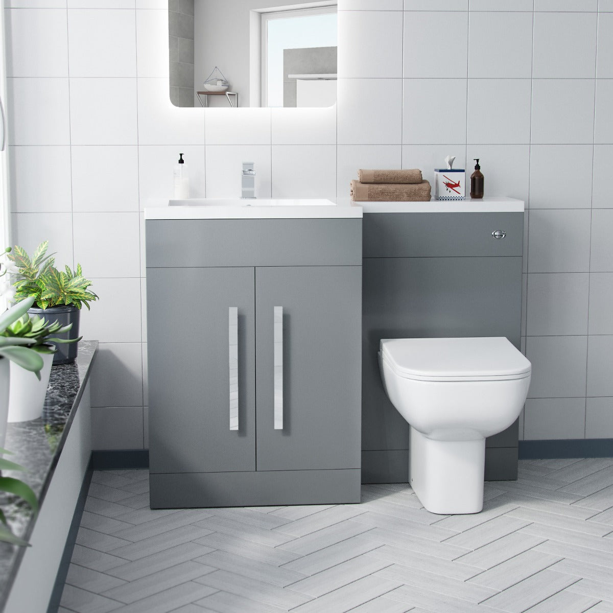 Aric Grey LH Vanity Cabinet Basin Sink 1100mm & BTW WC Toilet Flat Pack