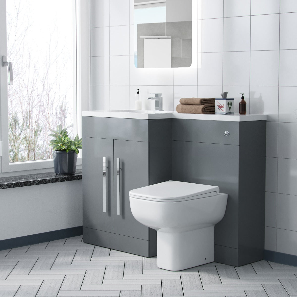 Aric Grey LH Vanity Cabinet Basin Sink 1100mm & BTW WC Toilet Flat Pack