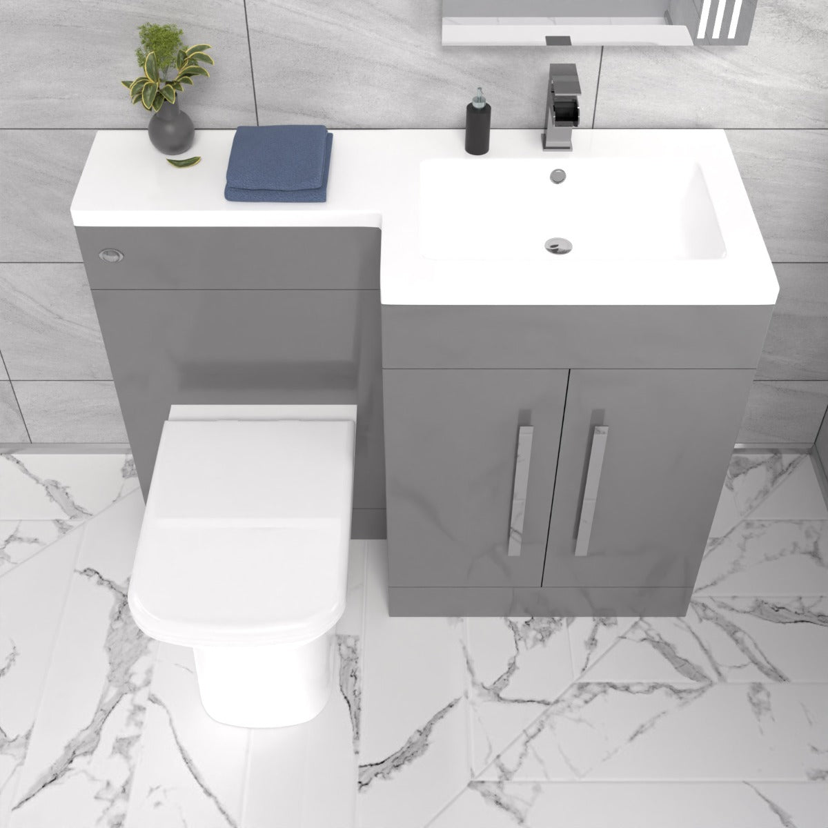 Aric RH 1100mm Vanity Basin Unit, WC Unit & Louis Back To Wall Toilet Grey