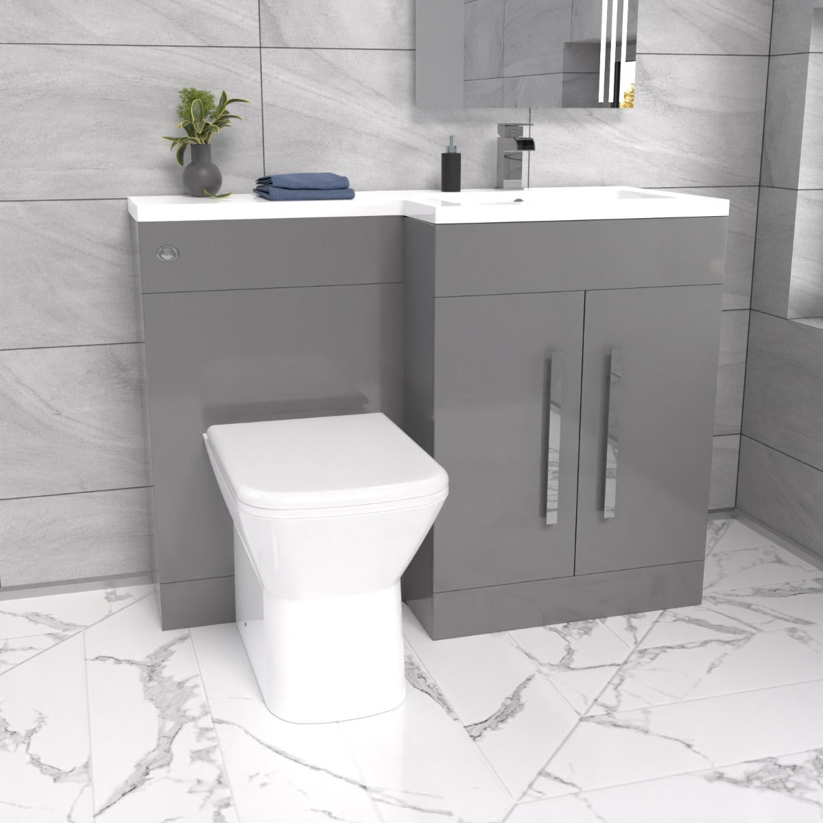 Aric RH 1100mm Vanity Basin Unit, WC Unit & Louis Back To Wall Toilet Grey