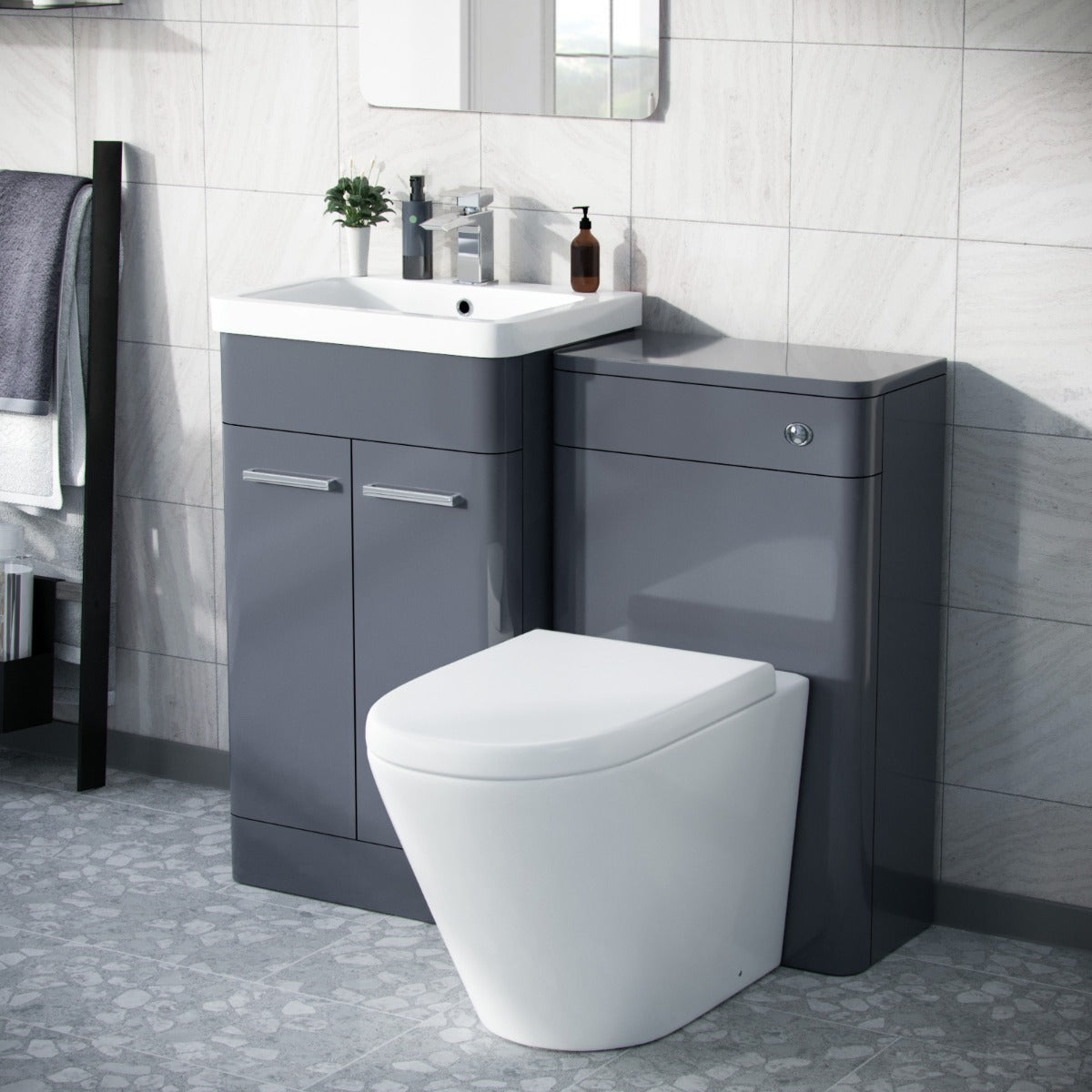 1000mm Steel Grey Vanity Cabinet with WC Unit And Round Rimless BTW Toilet Amie