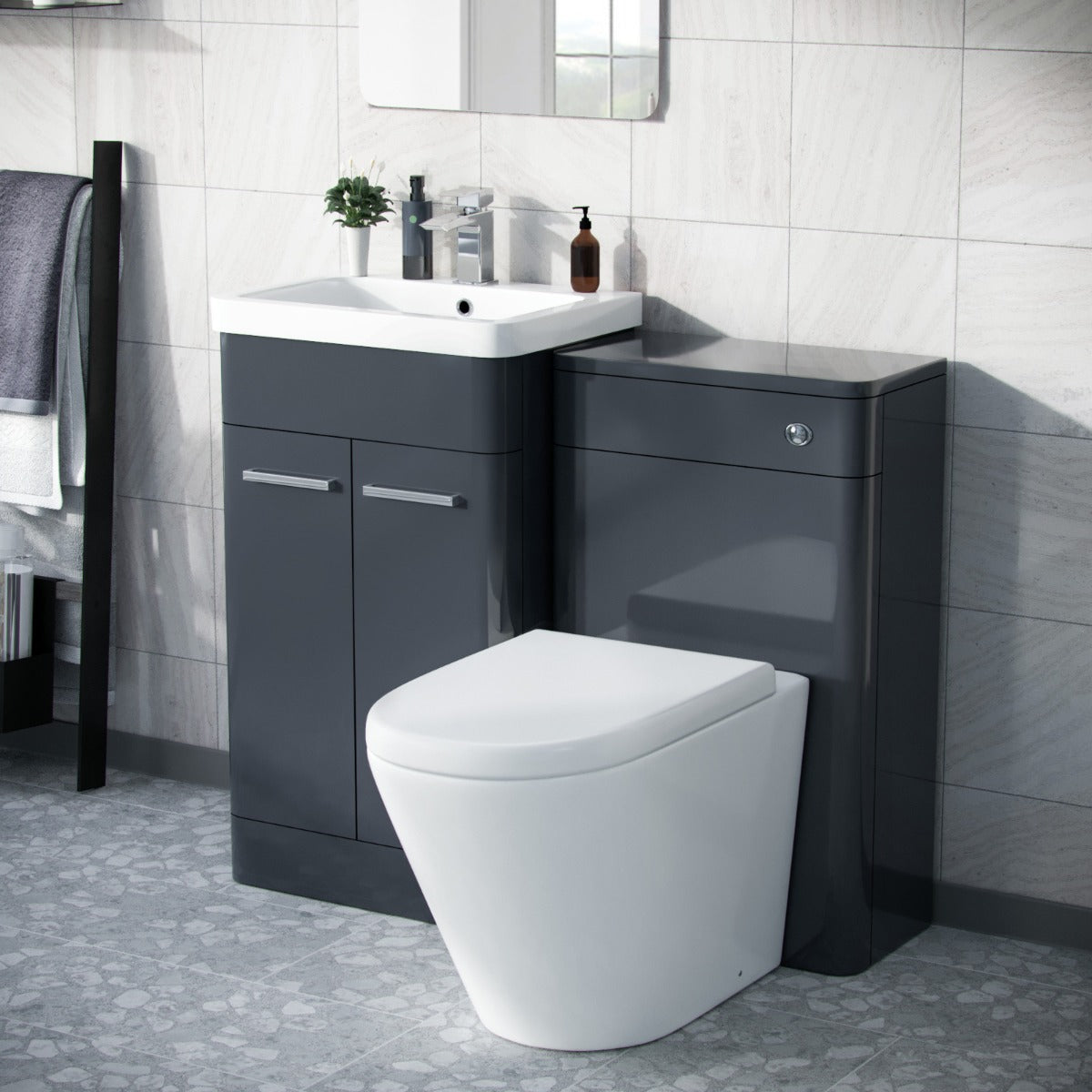 Afern 1000mm Vanity Cabinet, WC Unit Rimless BTW Toilet Dark Grey