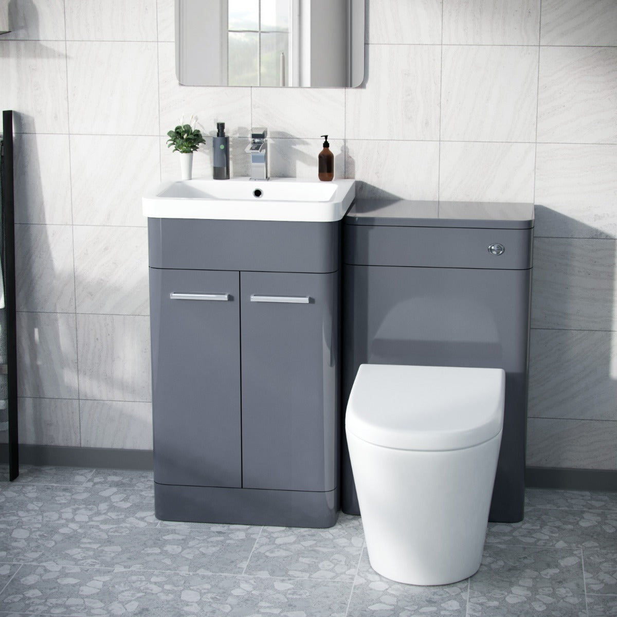 1000mm Steel Grey Vanity Cabinet with WC Unit And Round Rimless BTW Toilet Amie