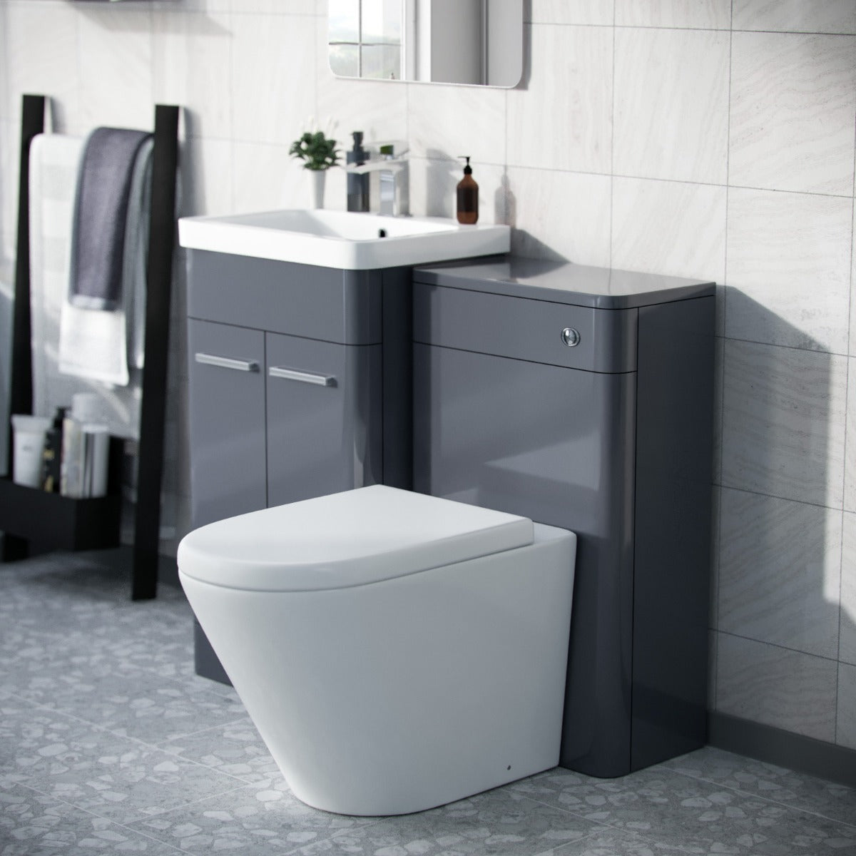 1000mm Steel Grey Vanity Cabinet with WC Unit And Round Rimless BTW Toilet Amie