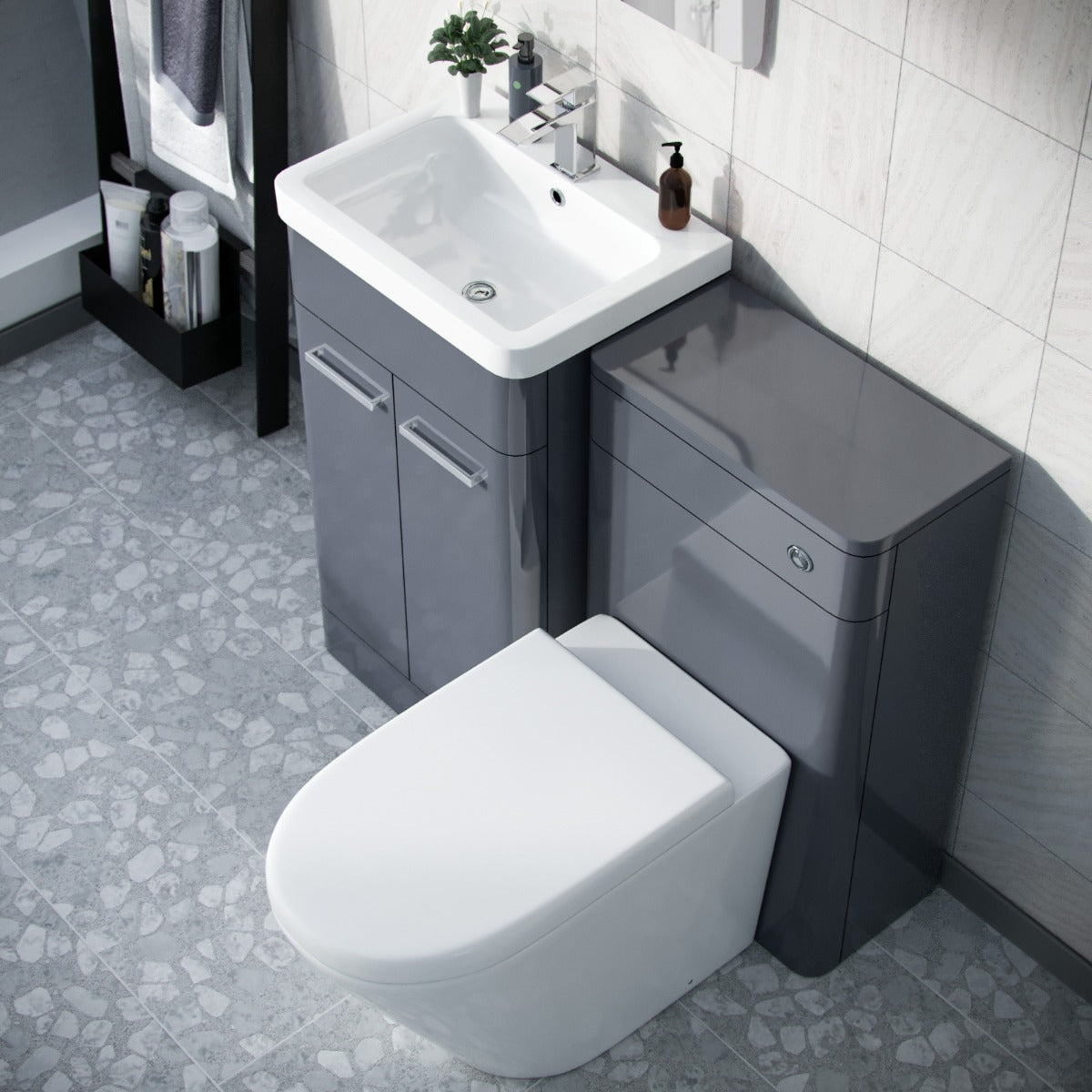 1000mm Steel Grey Vanity Cabinet with WC Unit And Round Rimless BTW Toilet Amie