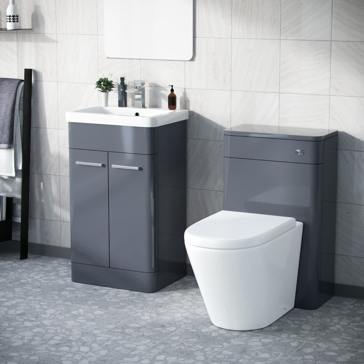 1000mm Steel Grey Vanity Cabinet with WC Unit And Round Rimless BTW Toilet Amie