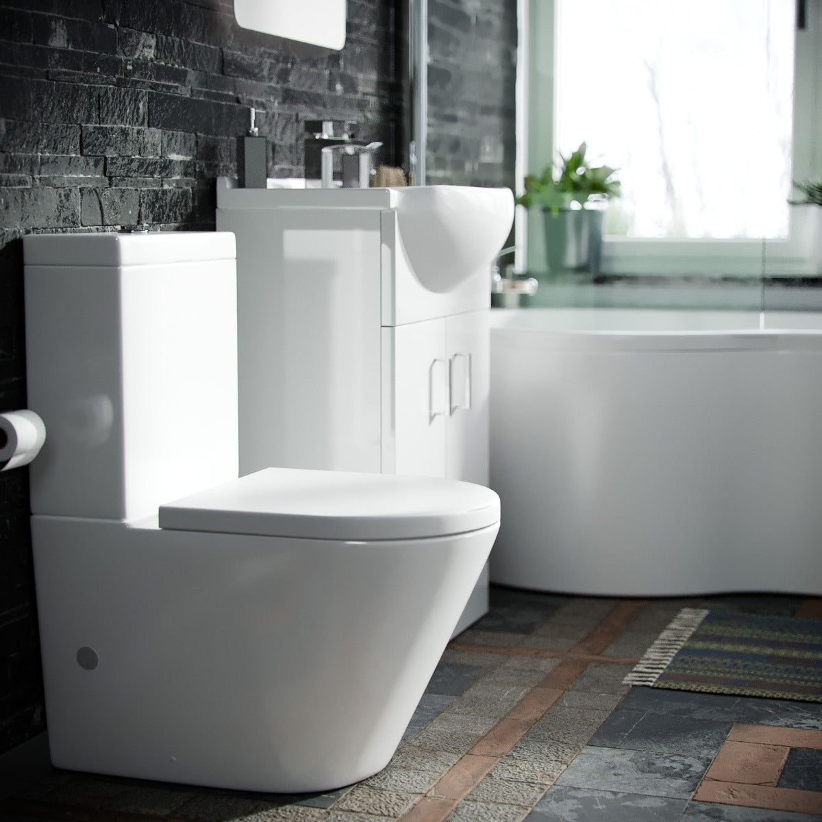 P-Shaped LH Bath White 550mm Vanity Basin Unit WC Unit & Toilet Suite