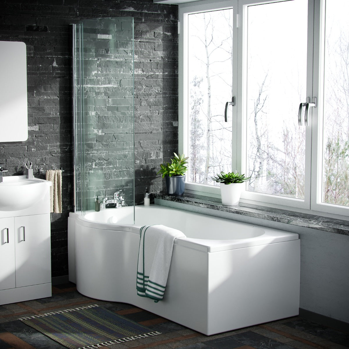 Ellen White Vanity Unit Left Handed P-Shaped Bath & Close Coupled Toilet Suite