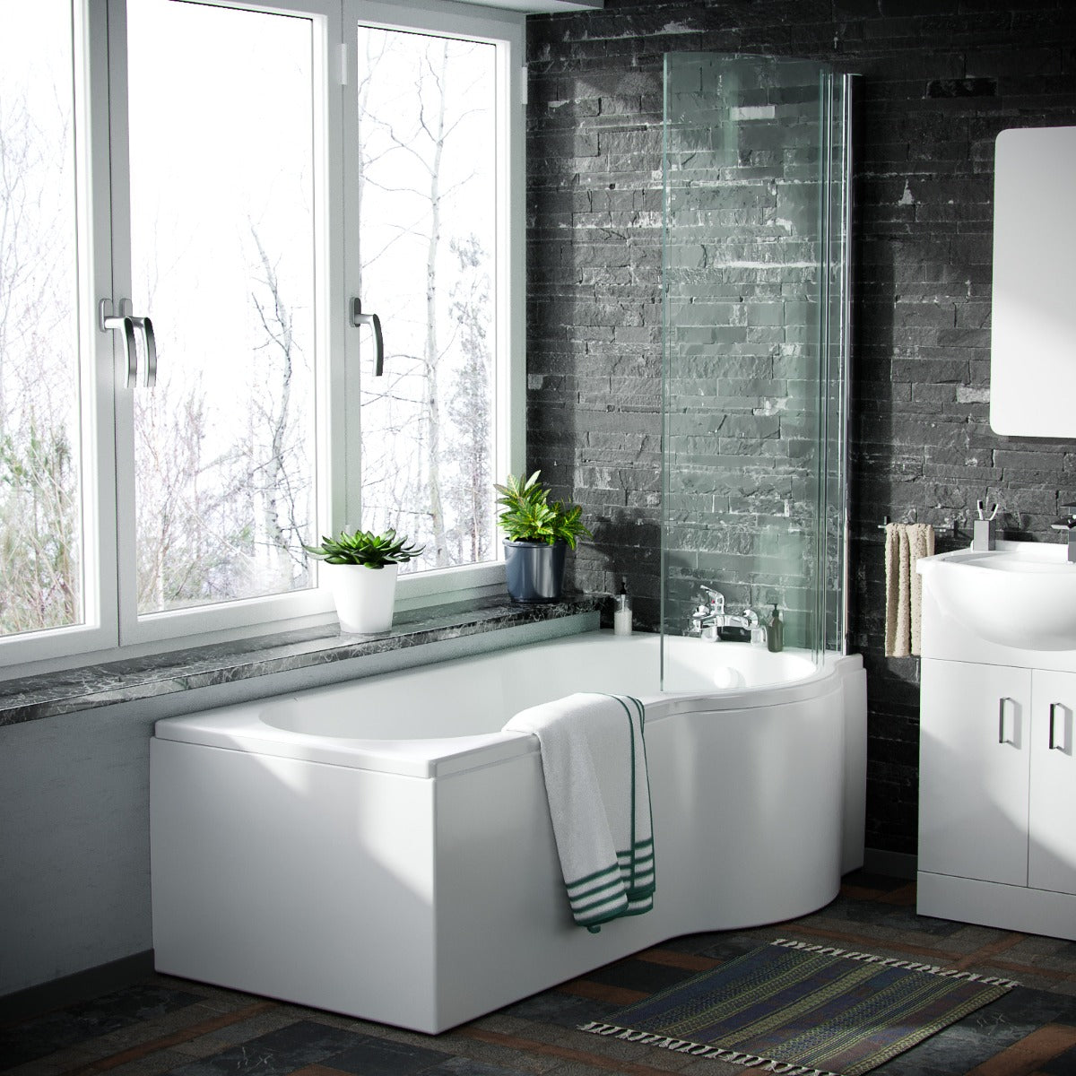 Ellen RH P-Shaped Bath With White Vanity Unit & Close Coupled Toilet Set