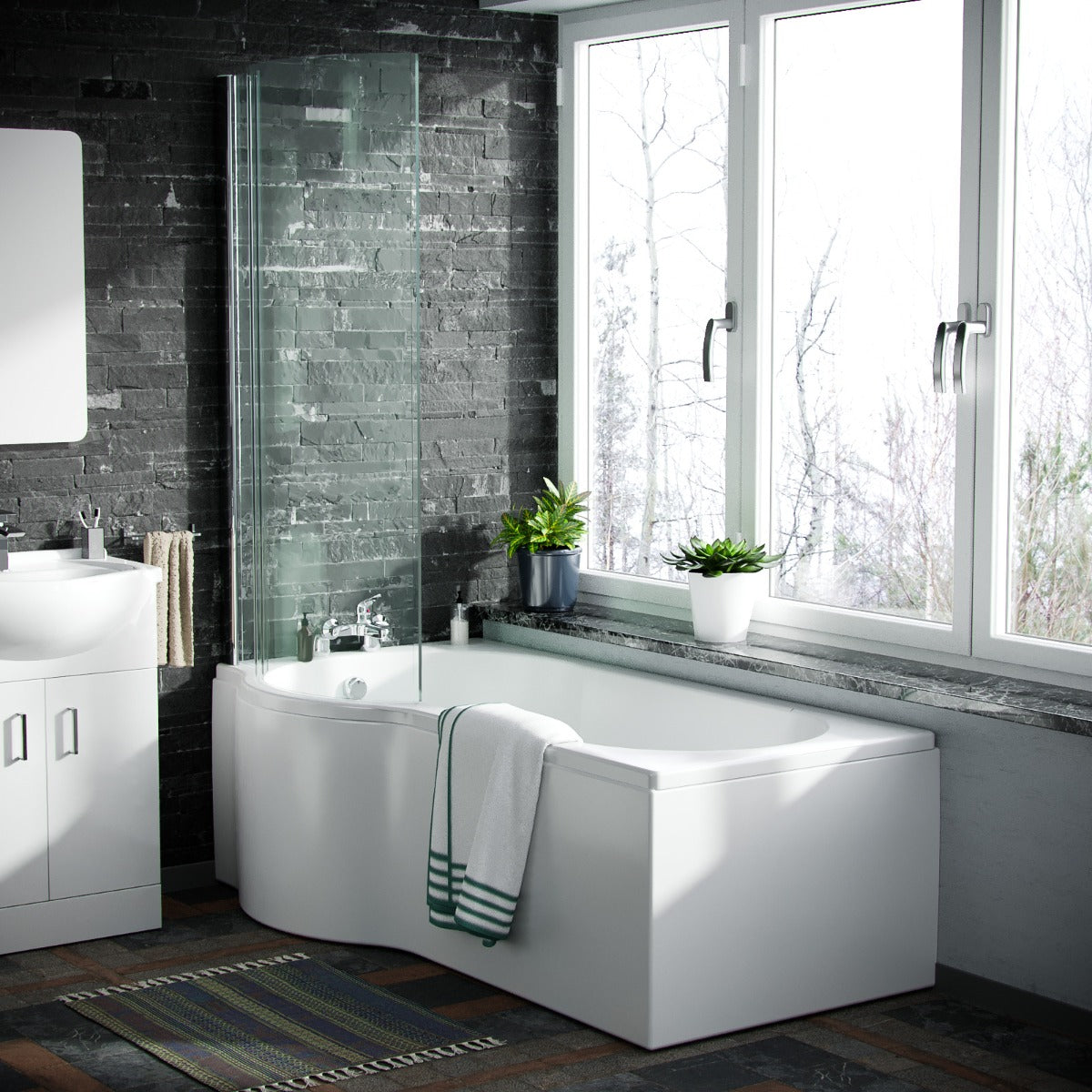 P-Shaped LH Bath White 550mm Vanity Basin Unit WC Unit & Toilet Suite