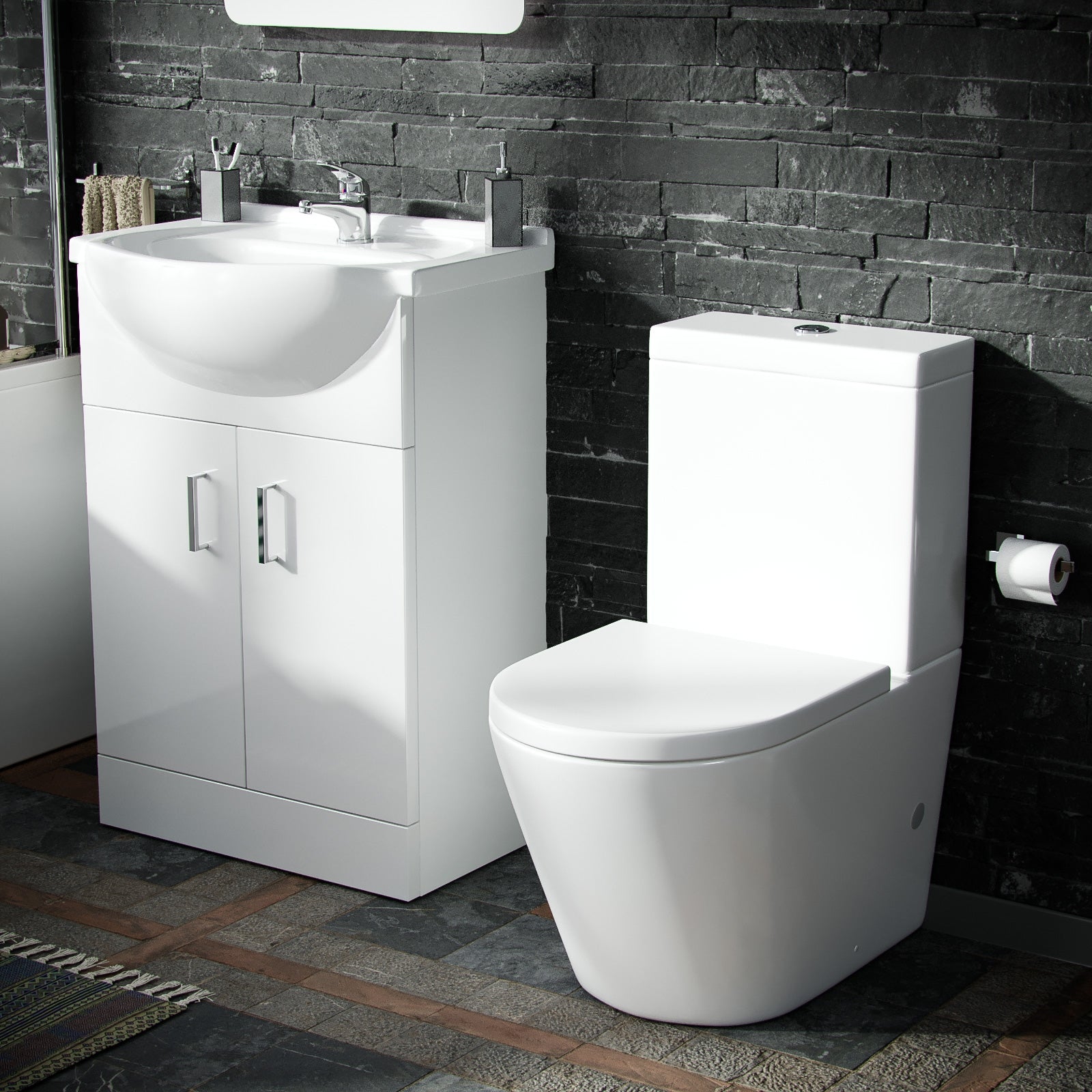 White 1700mm Bath Close Coupled Toilet Slider Rail Shower Basin Tap & Waste