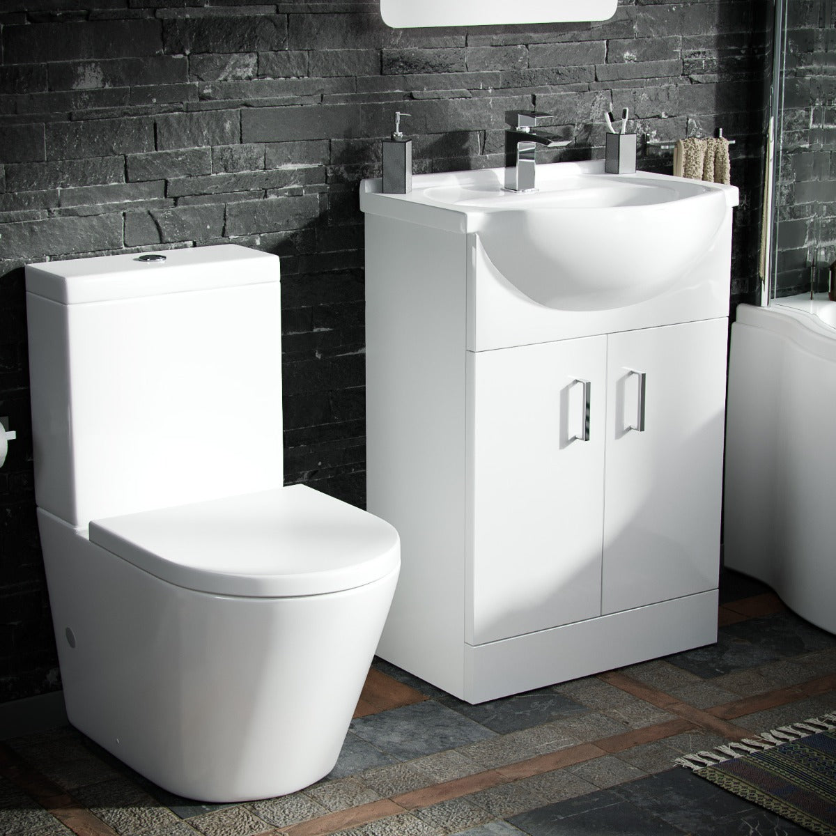 Ellen White Vanity Unit Left Handed P-Shaped Bath & Close Coupled Toilet Suite