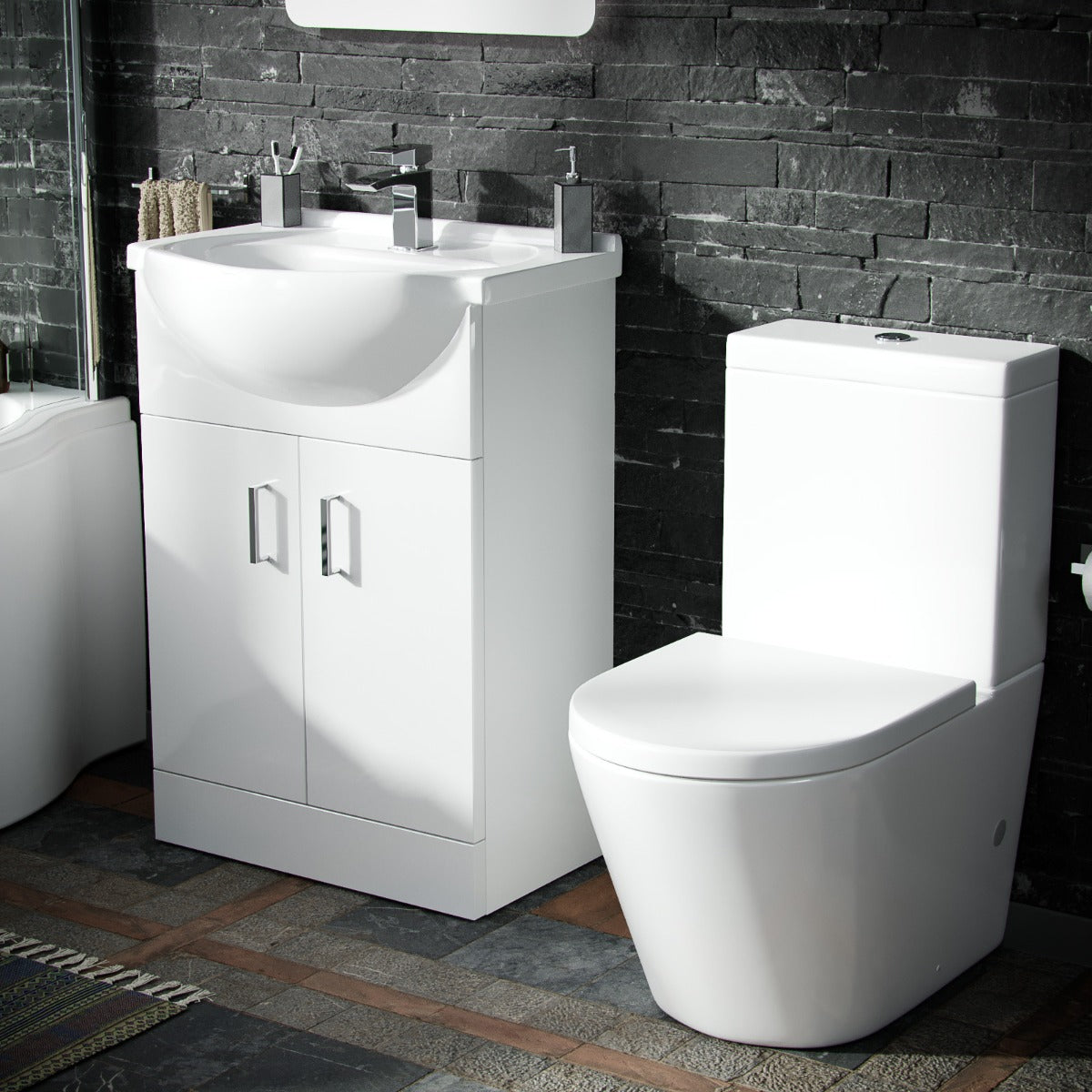 P-Shaped RH Bath White 550mm Vanity Basin Unit WC Unit & Toilet Suite